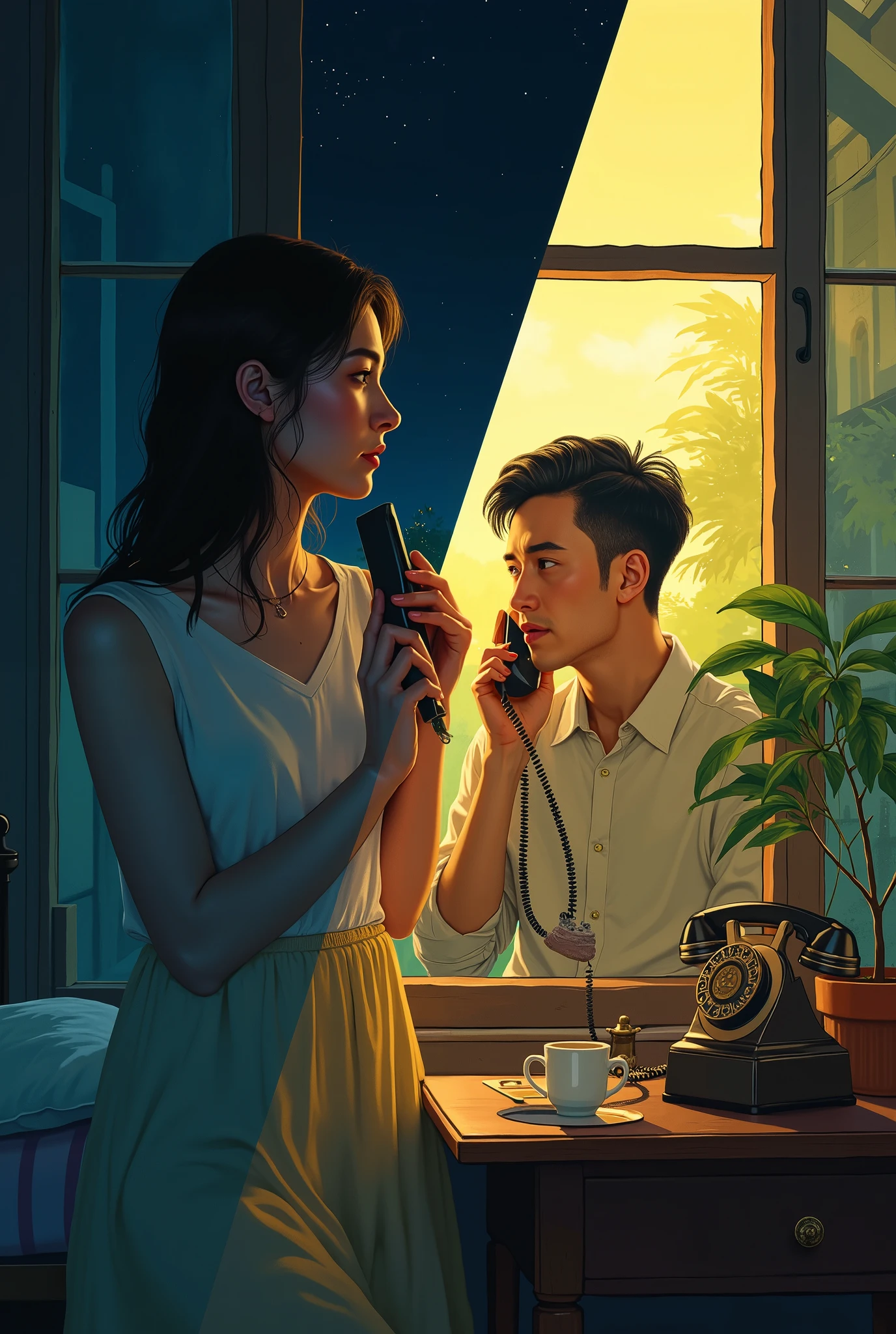 (\I will combine two scenes that are far apart into one picture, Diagonally２split composition \),  one man and one woman, A couple is on the phone, ( the woman is on the phone in the middle of the night from UK , Bedroom at night), break ( the man is talking on an old antique phone during the daytime from Vietnam, A workplace with clear weather), The two scenes are output on one screen , Diagonally delimited seamless division