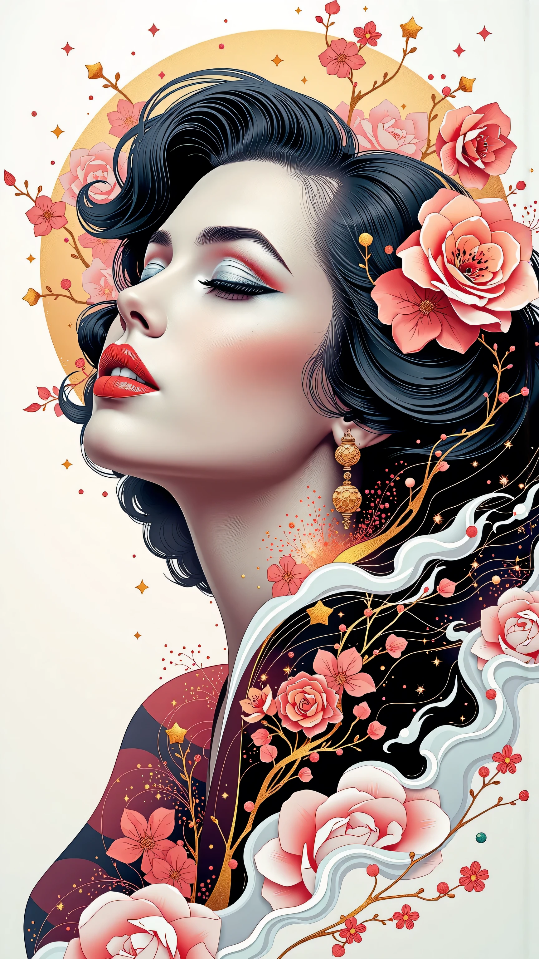 (White background:1.4),(marilyn monroe, head silhouette, Eyes closed, Long colored hair, Oriental elements),(Chinese illustration:1.3,Paper Art:1.3, キルティングPaper Art:1.2),( Streamlined Design, Clear lines, High sharpness,Better Quality, Very detailed, Master Parts, Film Light Effect, 4K ) Illustration design, porcelain doll skin, beautiful detailed eyes, beautiful detailed lips, extremely detailed gold eyes and face, long eyelashes, upper body, from side, looking at viewer, (fractal art:1.3), (pink hair:1.2), water, liquid, cloud, colorful, starry, stars, (best quality, 4k, 8k, highres, masterpiece:1.2), ultra-detailed, (realistic, photorealistic, photo-realistic:1.37), vibrant colors, studio lighting, extremely detailed description, professional, concept art, surreal, 1920s french vibe, monochromatic gold and pink palette, in the style of french illustrator moebius, gold elements,