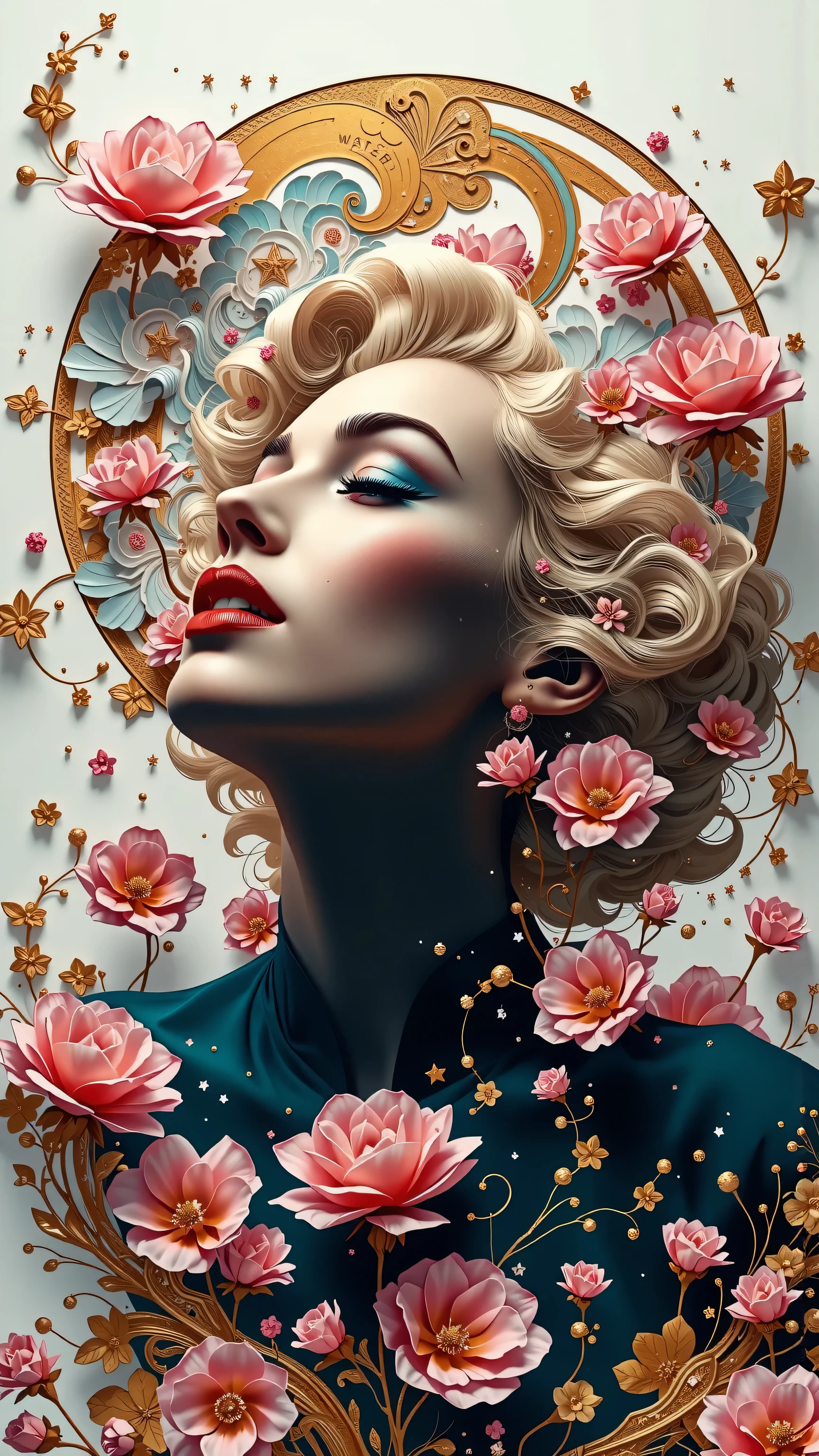 (White background:1.4),(marilyn monroe, head silhouette, Eyes closed, Long colored hair, Oriental elements),(Chinese illustration:1.3,Paper Art:1.3, キルティングPaper Art:1.2),( Streamlined Design, Clear lines, High sharpness,Better Quality, Very detailed, Master Parts, Film Light Effect, 4K ) Illustration design, porcelain doll skin, beautiful detailed eyes, beautiful detailed lips, extremely detailed gold eyes and face, long eyelashes, upper body, from side, looking at viewer, (fractal art:1.3), (pink hair:1.2), water, liquid, cloud, colorful, starry, stars, (best quality, 4k, 8k, highres, masterpiece:1.2), ultra-detailed, (realistic, photorealistic, photo-realistic:1.37), vibrant colors, studio lighting, extremely detailed description, professional, concept art, surreal, 1920s french vibe, monochromatic gold and pink palette, in the style of french illustrator moebius, gold elements,