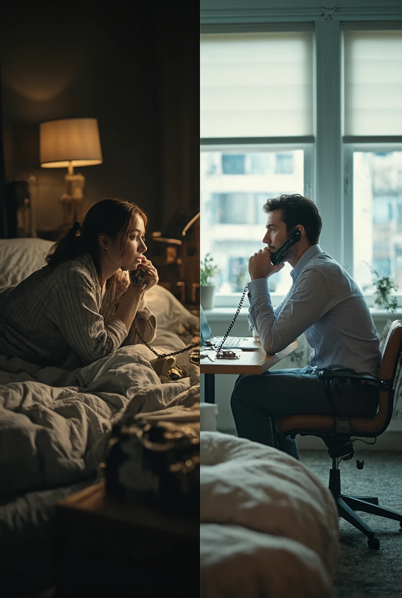 (\I will combine two scenes that are far apart into one picture, Diagonally２split composition \),  one man and one woman, A couple is on the phone, ( the woman is on the phone in the middle of the night from UK , Bedroom at night), break ( the man is talking on an old antique phone during the daytime from Vietnam, A workplace with clear weather), The two scenes are output on one screen , Diagonally delimited seamless division