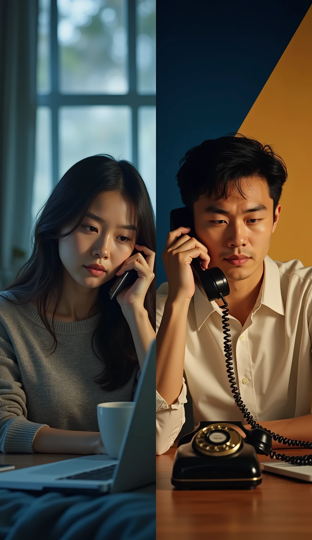 (\I will combine two scenes that are far apart into one picture, Diagonally２split composition \),  one man and one woman, A couple is on the phone, ( the woman is on the phone in the middle of the night from UK , Bedroom at night), break ( the man is talking on an old antique phone during the daytime from Vietnam, A workplace with clear weather), The two scenes are output on one screen , Diagonally delimited seamless division