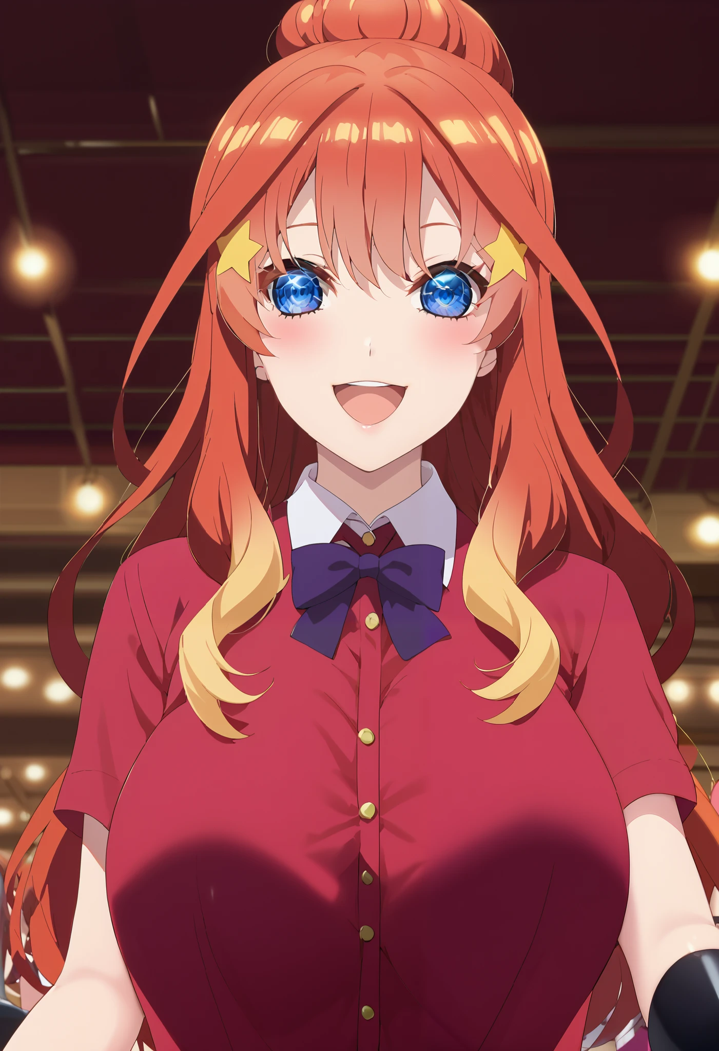   score_9,   score_8_  up,   score_7_  up,   source_Anime, itsukinakano, Nakano Mizuki   , bangs, blue eyes,   hair between eyes  , st upid hair, Red Hair,  long hair,Yellow stars   \( symbol \),   hair ornament ,Yellow stars     hair ornament ,glass,smile,,  open mouth , big breasted ,   Idol Costume ,  dress,collared   dress,  jacket  ,cropped   jacket  ,Short sleeve,bowtie,bow,button,  has  ,beret,(  White Knee High :1.2),shoes,  interior  ,アイドル歌手がライブ  stageで熱狂的に歌うシーンのイラスト. アイドル歌手が  stage中央に立っている.   boots worn by idol singers   .    idol singers sing with microphones   .    idol singers are serious and impressive  . 歌手の声は力強くて beautiful ,  stageの周りにはファンが集まる,   fans sing and dance with idol singers Idol singers who do things  ,whole bodyがイラストに入るように,
break looking at viewer,whole body,(  cowboy shooting :1. 5),
break indoors,  stage, concert,   stage lights,   stage, crowd,
break (Masterpiece:1.2),   best quality ,   high resolution, unity 8k wallpaper, (shape:0.8), (  beautiful,  detailed eyes :1.6),    very elaborate face ,   PERFECT LIGHTING  ,   High-definition CG, (perfect hand,   perfect anatomy),