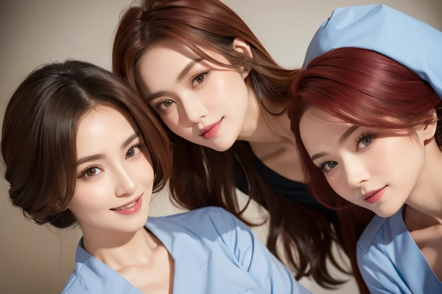 two sexy women in midwife outfits, various hair colors and hairstyles, cute smiles, portrait, close up faces, view from below