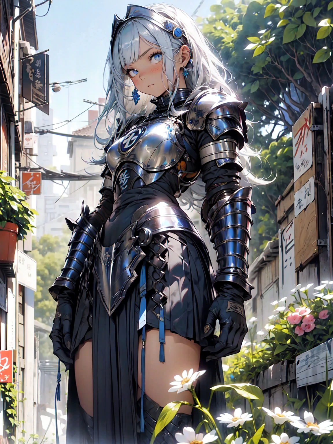 (masterpiece),(best quality),(ultra-detailed),(best illustration),(best shadow),(absurdres),(detailed background),(very aesthetic), 1girl, armor, solo, breastplate, long-hair, ponytail, grey-hair, open-mouth, fingerless-gloves, shoulder-armor, full-body, gloves, dress, boots, standing, helmet, armored-boots, white-dress, ((big breasts) 1:1)