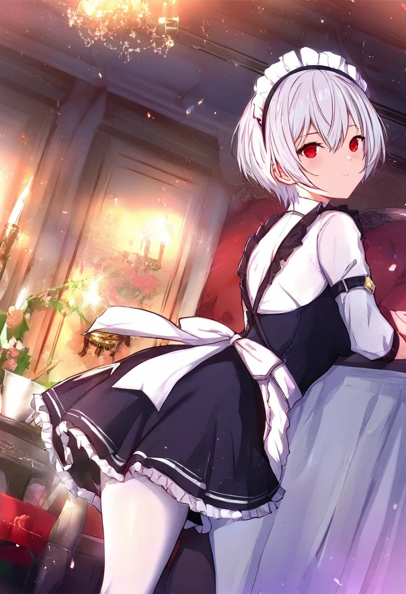 (tmasterpiece,Best picture quality,8K,a beauty girl,A natural smile,short skirt,white stockings,The movements are natural and elegant,Maid uniform,gentleness,lovly,hugetits,Luxuriously decorated and elegantly decorated rooms,Big warm bed,Cute cats)