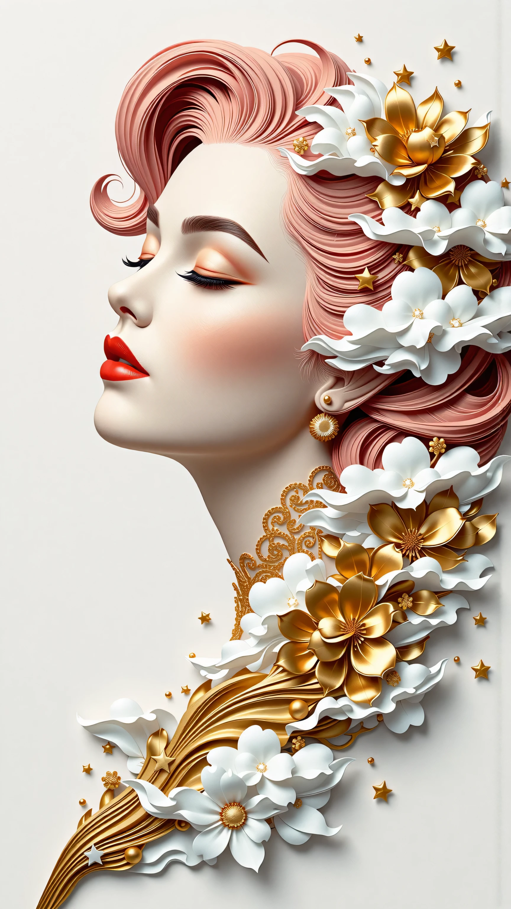 (White background:1.4),(marilyn monroe, head silhouette, Eyes closed, Long colored hair, Oriental elements),(Chinese illustration:1.3,Paper Art:1.3, キルティングPaper Art:1.2),( Streamlined Design, Clear lines, High sharpness,Better Quality, Very detailed, Master Parts, Film Light Effect, 4K ) Illustration design, porcelain doll skin, beautiful detailed eyes, beautiful detailed lips, extremely detailed gold eyes and face, long eyelashes, upper body, from side, looking at viewer, (fractal art:1.3), (pink hair:1.2), water, liquid, cloud, colorful, starry, stars, (best quality, 4k, 8k, highres, masterpiece:1.2), ultra-detailed, (realistic, photorealistic, photo-realistic:1.37), vibrant colors, studio lighting, extremely detailed description, professional, concept art, surreal, 1920s french vibe, monochromatic gold and pink palette, in the style of french illustrator moebius, gold elements,