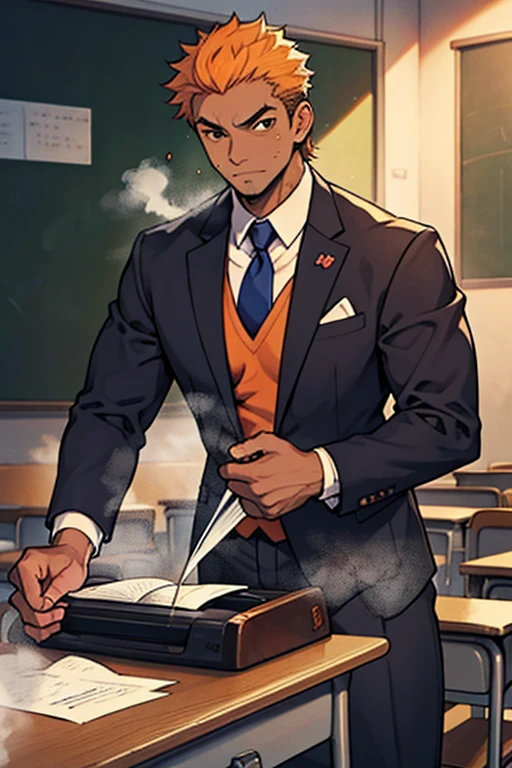 1boy, dark skin, dark skinned male, tweed jacket, closed jacket, classroom, chalkboard, black pants, asymmetrical hair, long hair