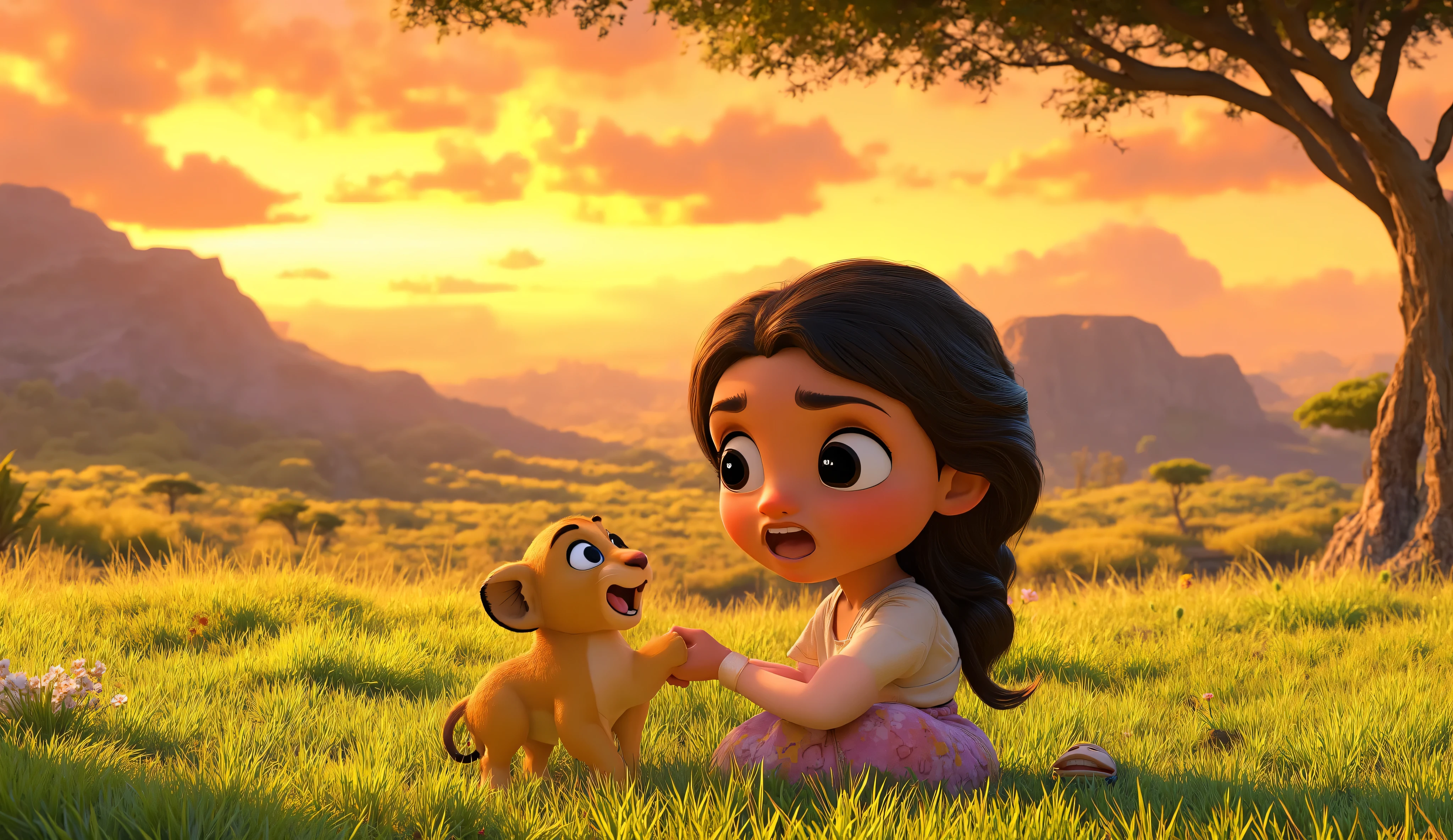 young cute girl with big beer eyes and dark longer hair , teaches little lion to roar amid vibrant sunsets on savannah. pixar 3d anime style