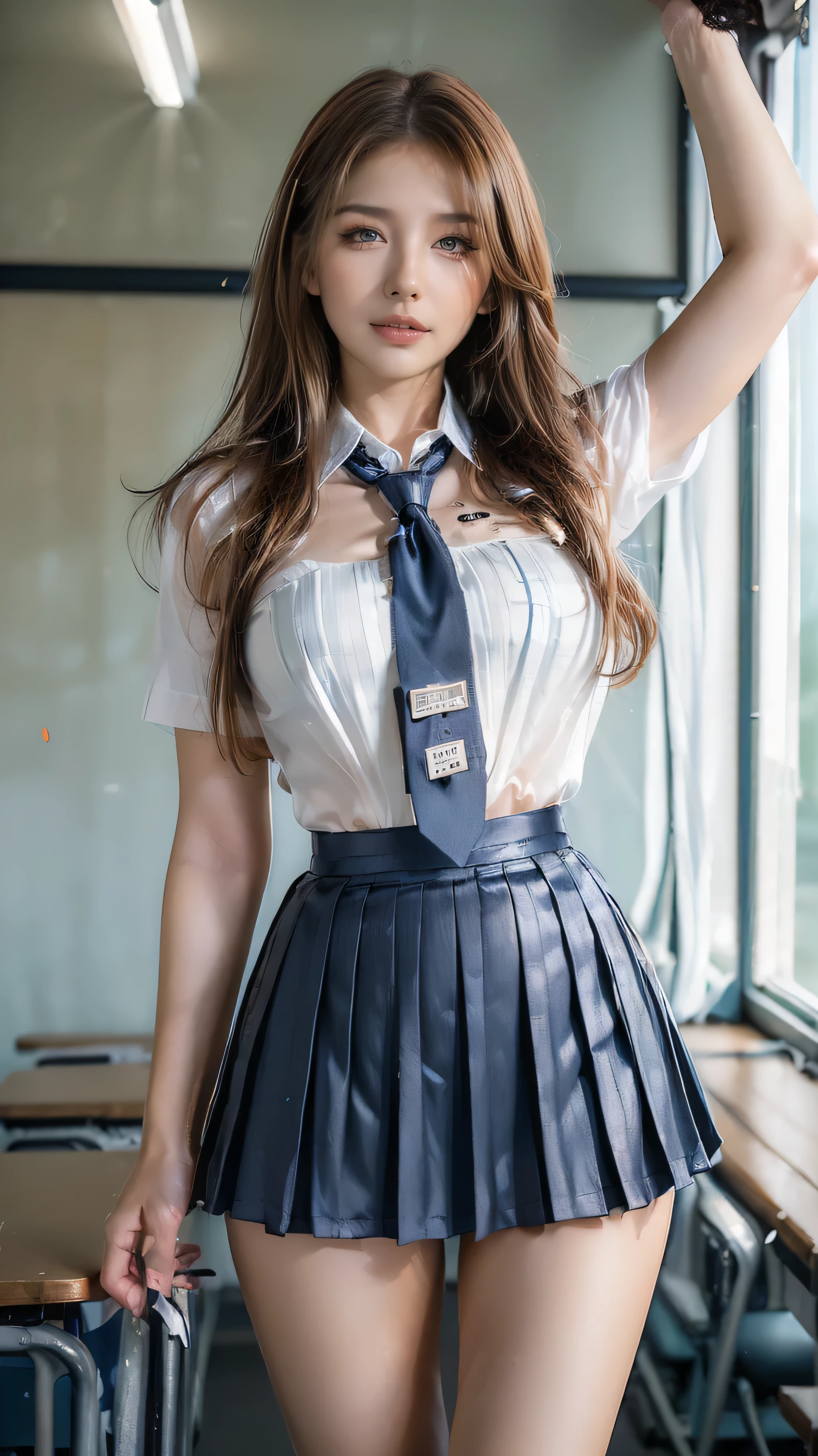 (One Gal:1.8), (((A Shining Place))), (Outdoors,    Shopping Mall,    shopping street ), (  looks like a grasshopper ,    standing,    Sexy Poses   , Open your legs naturally ,  sandy beach), (  is tall,    Thin Thighs ,   long legs  ,    constrained  ,  beautiful waist ), (((    woman with curves   ,  Beautiful realistic face ,    white skin,    brown eyes , Natural Eyes,    gaze focus , Accurate limbs))), (   Surrealism  ,     ultra-realistic    , 8K quality,      Attention to Details   ,     Ultra Fine ,    best quality  , Masterpiece), ((light,tyndall effect,Outdoors,cloud:1.4)),((wearing High School Uniform:1.4))、((wearing White blouses、Blue tie、navy pleated skirt:1.4)、((Late at night in a high school classroom:1.4))