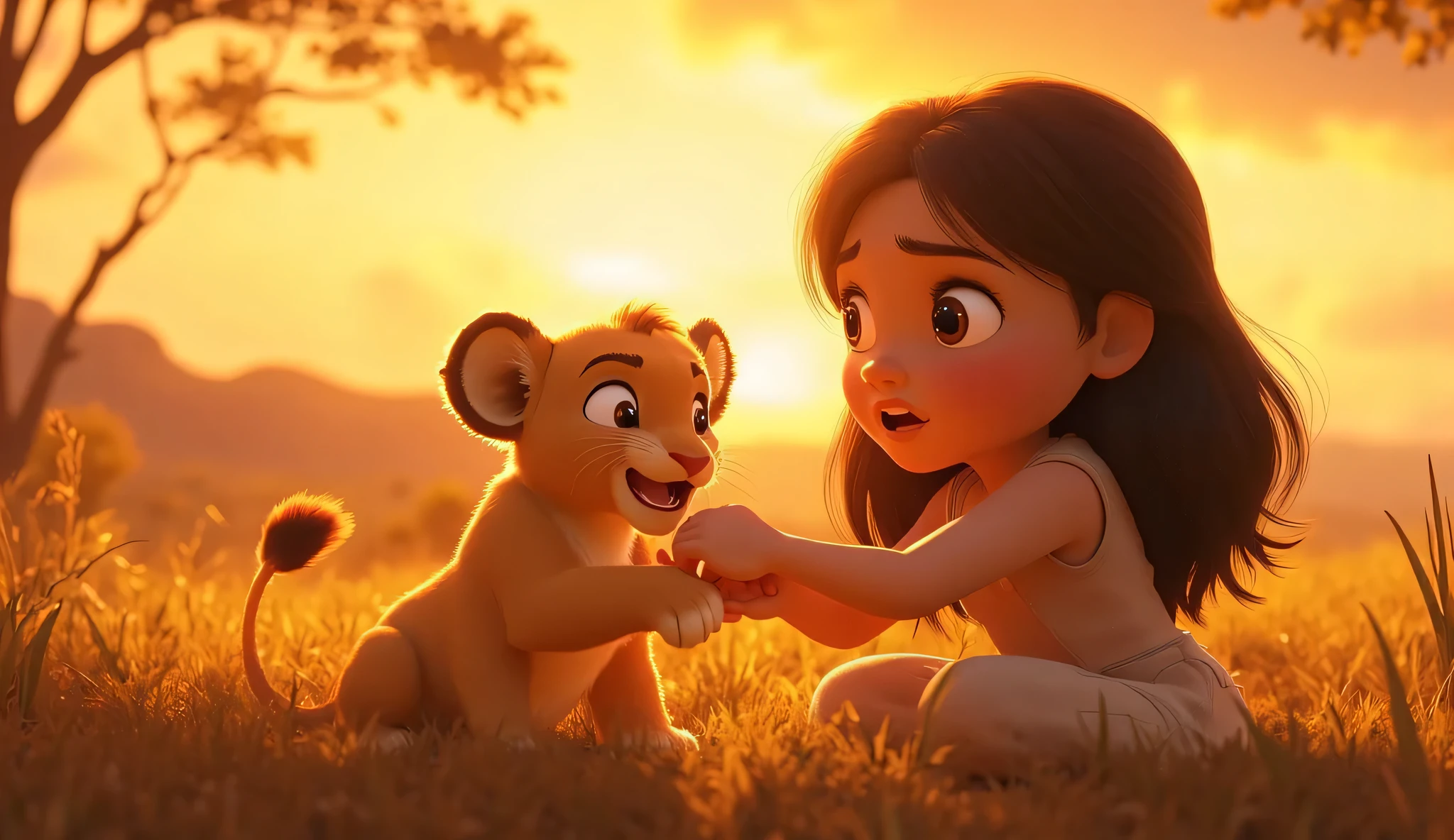 young cute girl with big beer eyes and dark longer hair , teaches little lion to roar amid vibrant sunsets on savannah. pixar 3d anime style