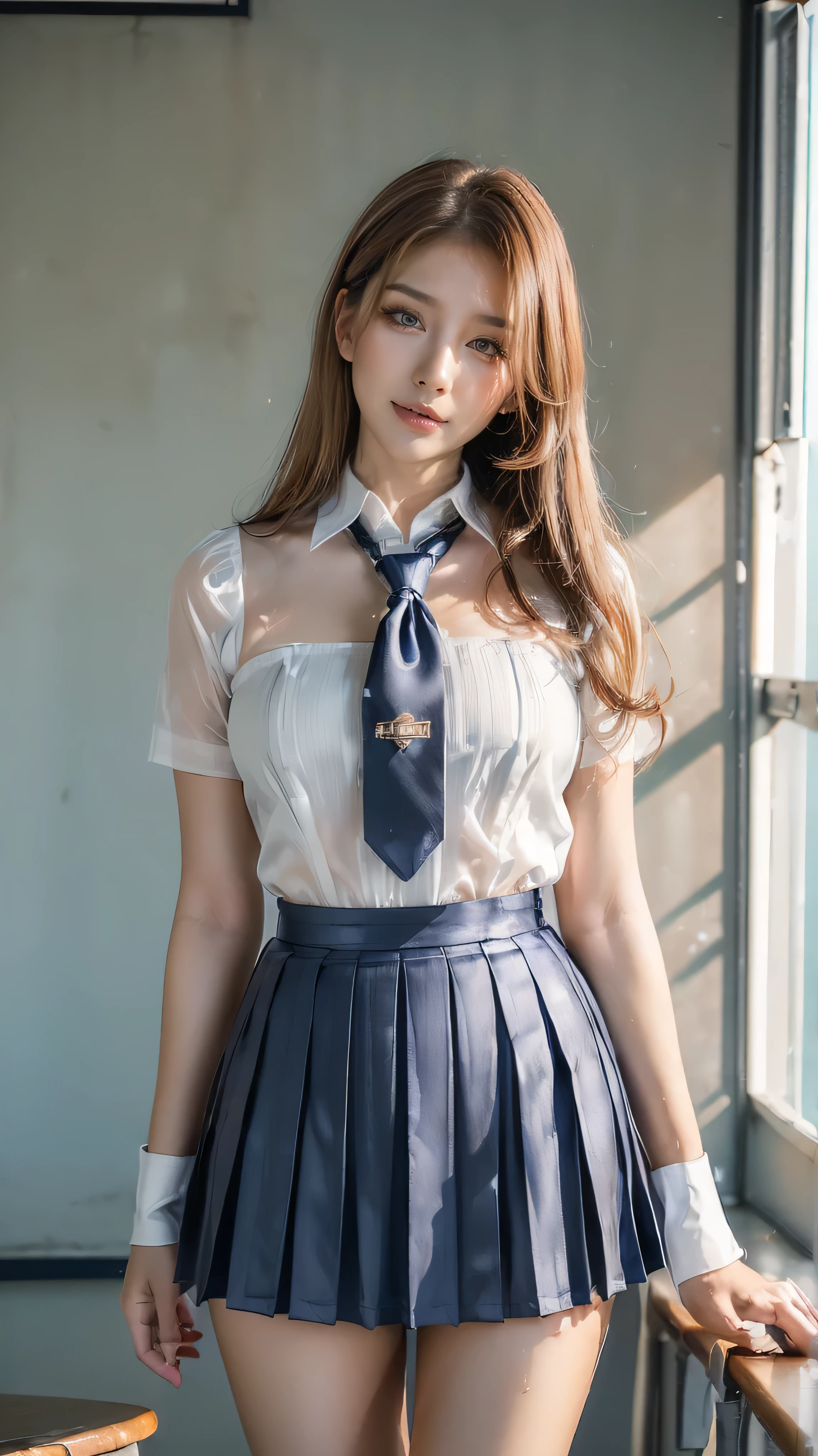 (masterpiece:1.2, top-quality), (realistic, photorealistic:1.4), beautiful illustration, 
looking at viewer, full body, front view:0.6, 
1 girl, japanese, high school girl, (long hair:1.5), blown hair, (half up, half updo), bangs, hair between eye, large breasts:0.8, 
beautiful hair, beautiful face, beautiful detailed eyes, beautiful clavicle, beautiful body, beautiful chest, beautiful thigh, beautiful legs, beautiful fingers, 
(beautiful scenery), , school,
((collared short sleeve shirt, white shirt, , grey plaid pleated skirt, blue plaid bow tie)), white panties, 
(standing, , lift up skirt, grab the hem of the skirt, hands on chest, hand between legs), 
blush, ,