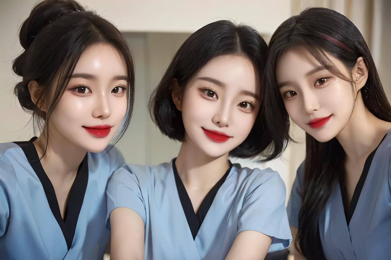 two sexy women in midwife outfits, various hair colors and hairstyles, cute smiles, black lipsticks, portrait, close up faces, view from below
