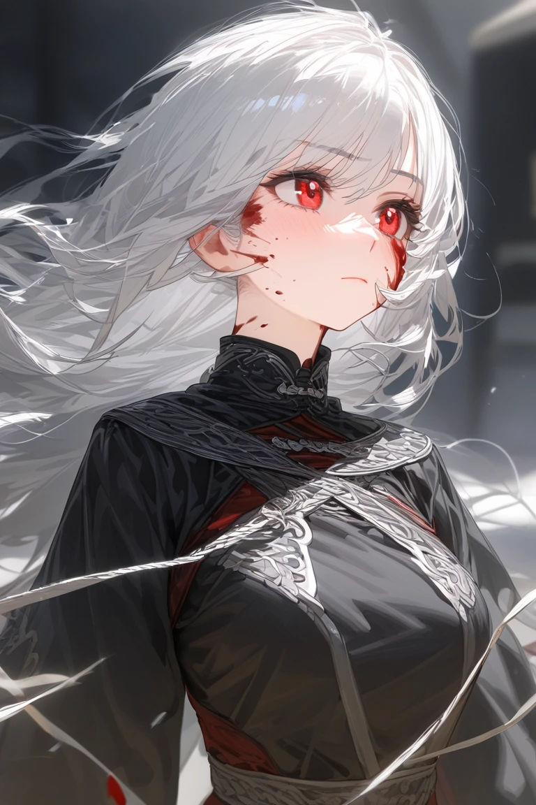 (Top resolution、Distinct_image)top-quality、A fox girl 、masterpiece、highly detailed, half body, Semi-realistic、green eyes 、18year old, silver hairs ,young 、Exquisite facial features、Facial features ,variation potrait, long hairstyles, , teenage, cool , cold sharp eyes, An expression of despair., Torn clothes, destroyed clothes, damaged clothing, all dirty, dirty, dirt, lifeless eyes, blood on face, , {Very detailed 8k CG unit wallpaper}, fantasy,