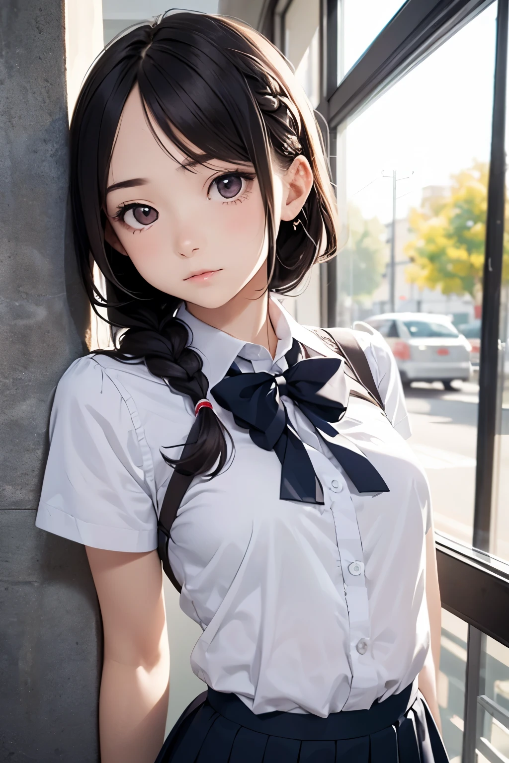 One Woman, alone, alone Focus, Cowboy Shot, Portraiture,Beaver,((Black Hair)), Braiding, Very beautiful eyes, work, White knit, (Small TI quality, Very detailed,uniform,I am being touched by multiple men on the train.