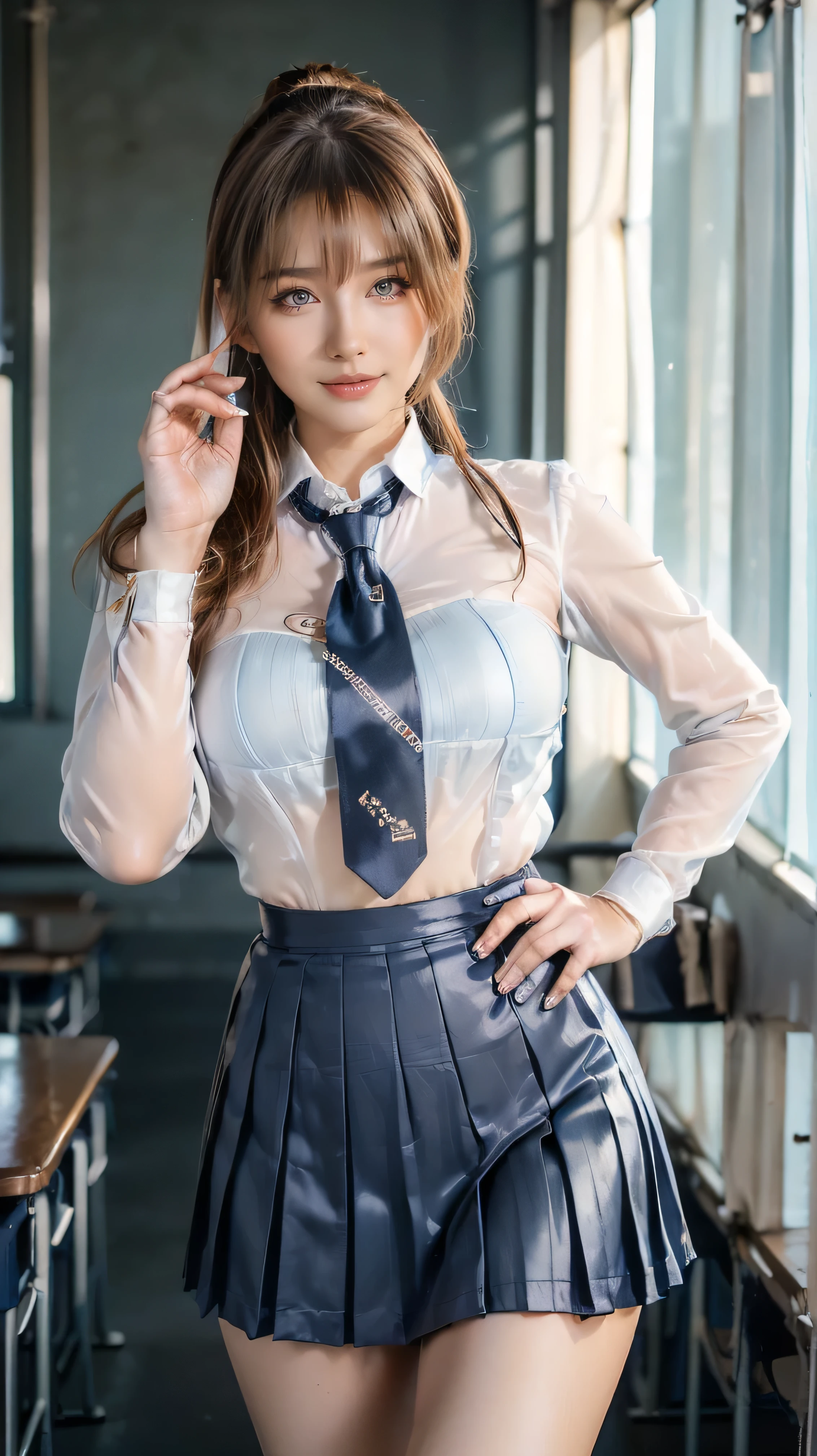 (One Gal:1.8), (((A Shining Place))), (Outdoors, Shopping Mall, shopping street ), ( looks like a grasshopper , standing, Sexy Poses , Open your legs naturally , sandy beach), ( is tall, Thin Thighs , long legs , constrained , beautiful waist ), ((( woman with curves , Beautiful realistic face , white skin, brown eyes , Natural Eyes, gaze focus , Accurate limbs))), ( Surrealism , ultra-realistic , 8K quality, Attention to Details , Ultra Fine , best quality , Masterpiece), ((light,tyndall effect,Outdoors,cloud:1.4)),((wearing High School Uniform:1.4))、((wearing White blouses、Blue tie、navy pleated skirt:1.4)、((Late at night in a high school classroom:1.4)) has a smiling face、((run her fingers through her hair:1.5))))