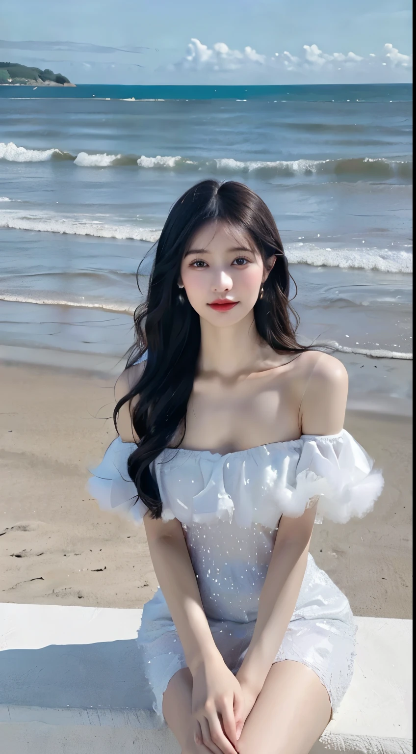 masterpiece,best quality,bright colors,solo,photo_,(1girl:1.3),(sitting:1.3),(looking at viewer:1.4),Elegant,detailed gorgeous face,(cowboy shot:1.4),realistic,dappled sunlight,(seaside background:1.4),sun,,MIS,shiny dress,fur trim,