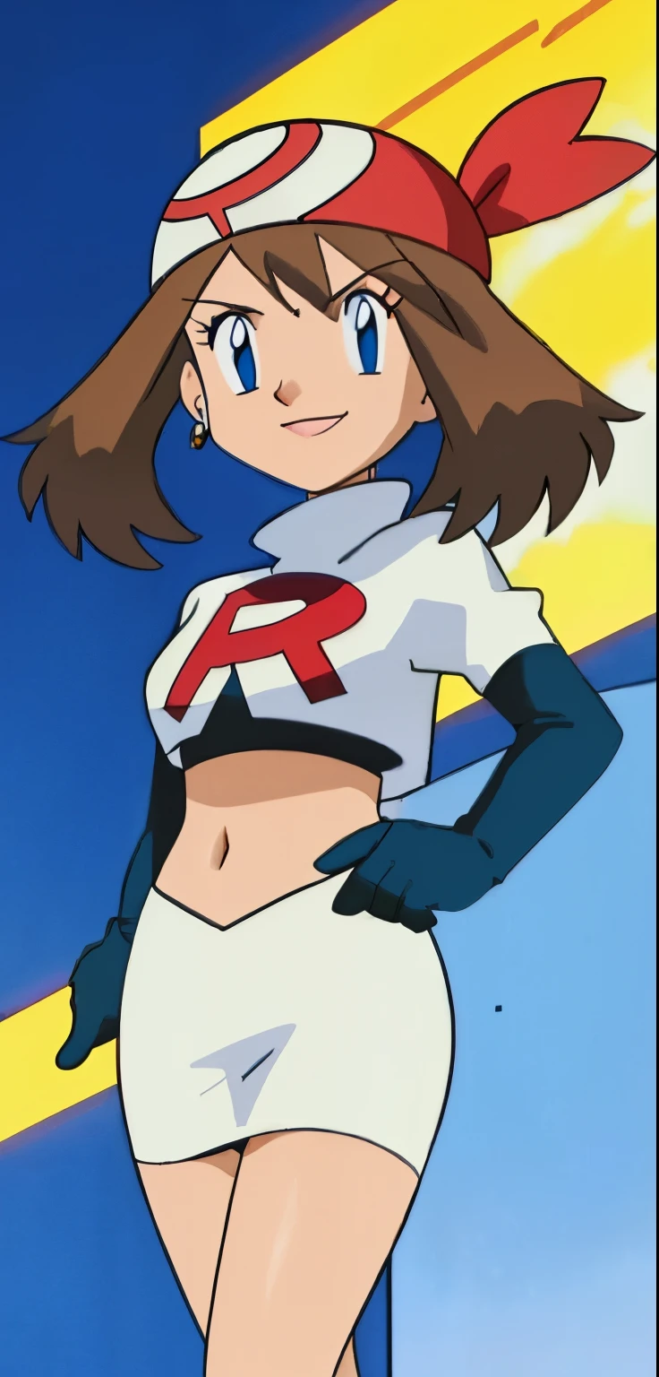 8k, masterpiece,highres, team rocket uniform, red letter r, white skirt,white crop top,black thigh-high boots, black elbow gloves, smiling, looking down at viewer, hands on hips, cowboy shot, zettai ryouiki,from below, black panties,anime style, vivid colors, sharp focus, intense lighting,mayor maybelle,ponytail,hair ribbon, trails in the sky