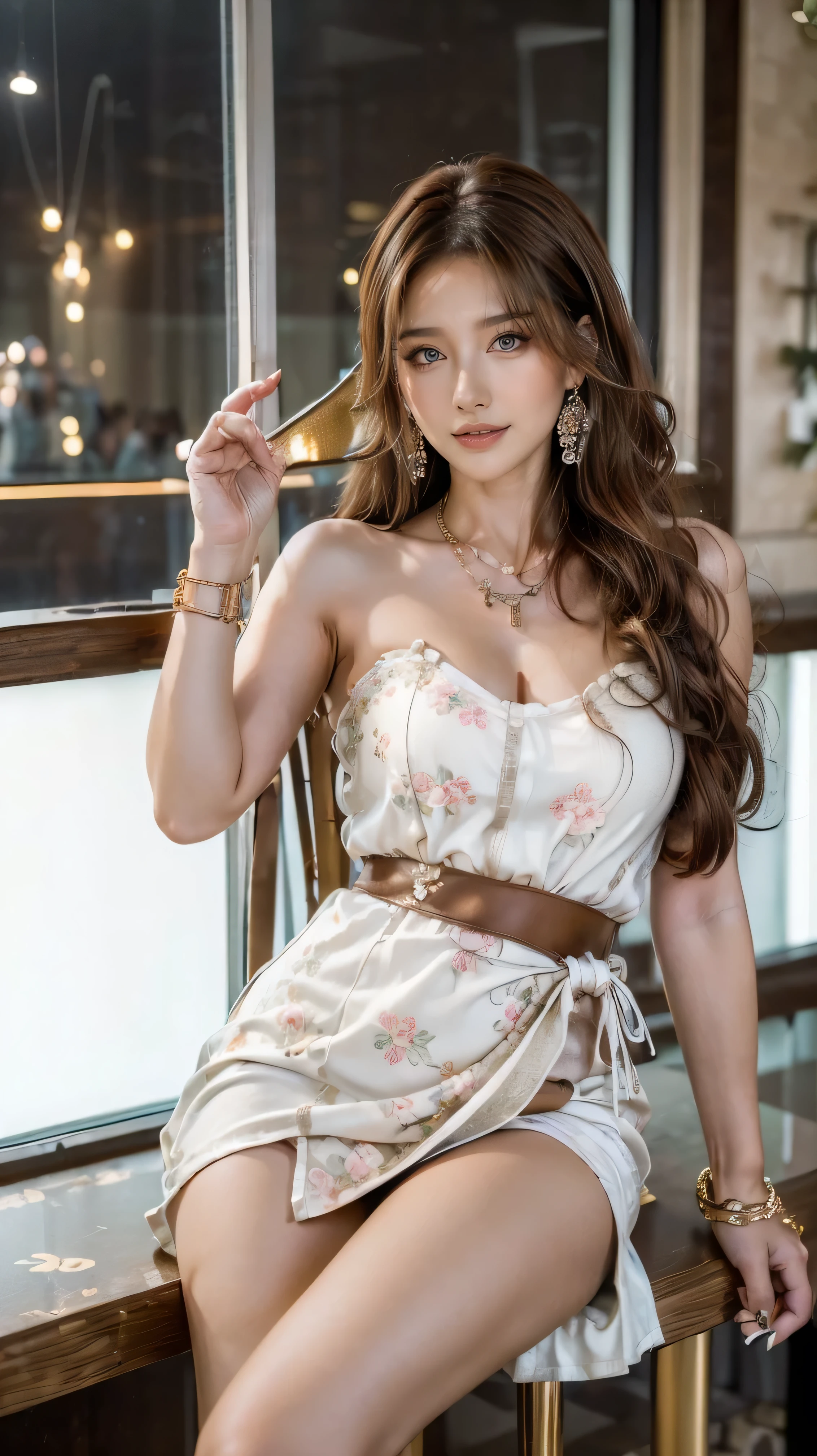 (One Gal:1.8), (((A Shining Place))), (Outdoors, Shopping Mall, shopping street ), ( looks like a grasshopper , standing, Sexy Poses , Open your legs naturally , sandy beach), ( is tall, Thin Thighs , long legs , constrained , beautiful waist ), ((( woman with curves , Beautiful realistic face , white skin, brown eyes , Natural Eyes, gaze focus , Accurate limbs))), ( Surrealism , ultra-realistic , 8K quality, Attention to Details , Ultra Fine , best quality , Masterpiece), ((light,tyndall effect,Outdoors,cloud:1.4)),((wearing Big floral mini dress:1.3))、 has a smiling face、((run her fingers through her hair:1.5))))((Super long brown hair reaching to her waist:1.4)),((gold necklace_Large earrings:1.2)),((Sits on a bar chair by the counter in a stylish bar:1.5))