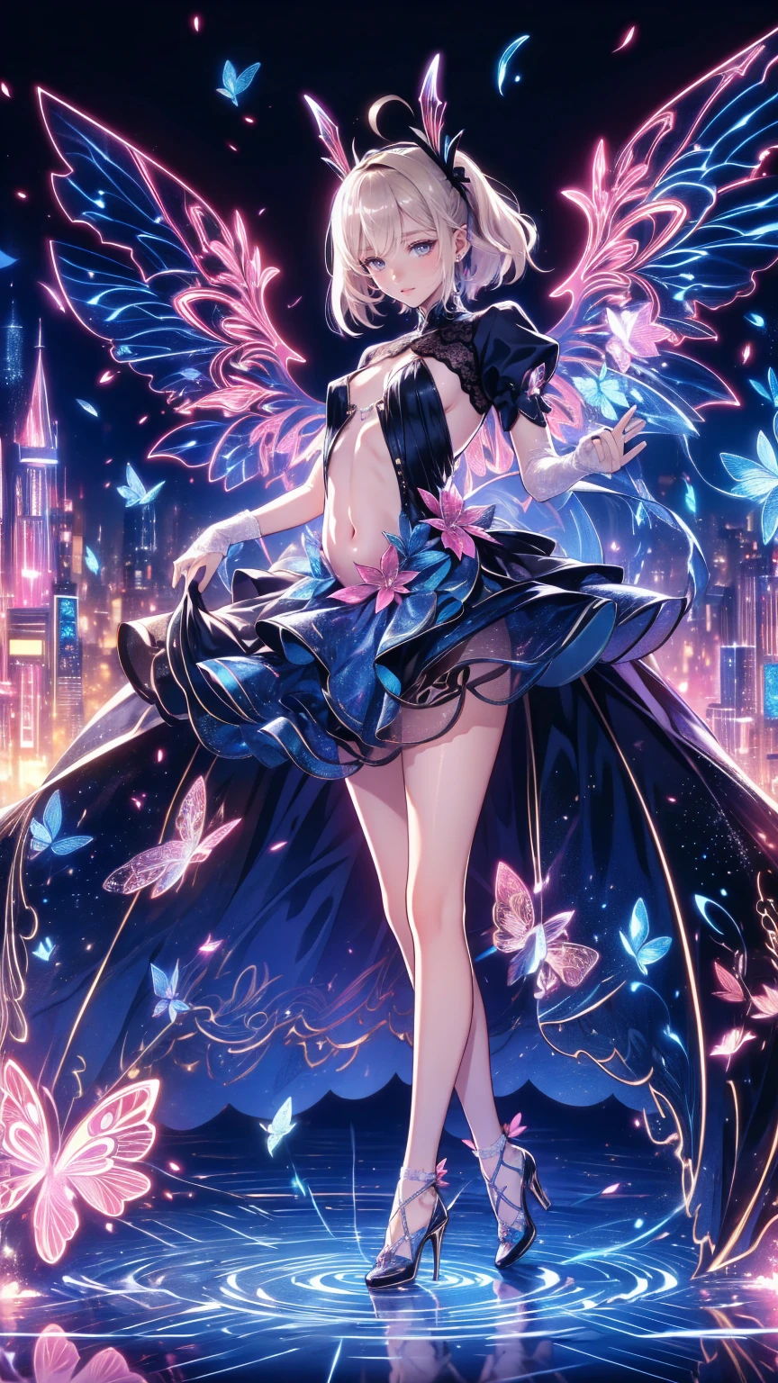 Highest quality,Highest Resolution,4K quality,Smiling beautiful girl,Full body close-up,Starry Eyes,Black hair ponytail,,Iridescent Bra,High leg,Rainbow garter belt,Rainbow colored knee-high stockings,Dark bedroom at night,Iridescent underwear,Standing posture,