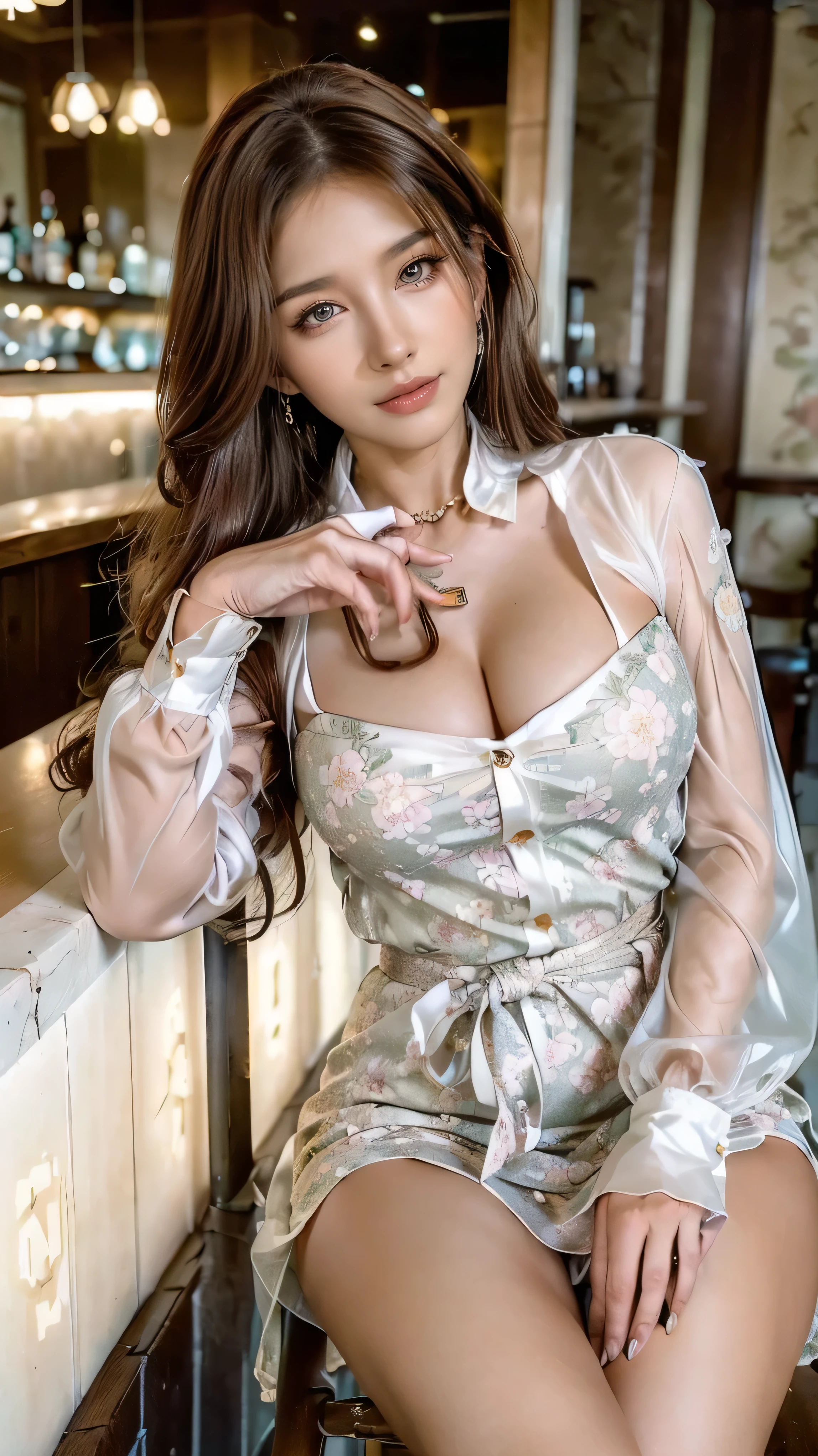 (One Gal:1.8), (((A Shining Place))),  (  looks like a grasshopper ,    standing,    Sexy Poses   , Open your legs naturally ,  sandy beach), (  is tall,    Thin Thighs ,   long legs  ,    constrained  ,  beautiful waist ), (((    woman with curves   ,  Beautiful realistic face ,    white skin,    brown eyes , Natural Eyes,    gaze focus , Accurate limbs))), (   Surrealism  ,     ultra-realistic    , 8K quality,      Attention to Details   ,     Ultra Fine ,    best quality  , Masterpiece), ((light,tyndall effect,Outdoors,cloud:1.4)),((wearing Big floral mini dress_with see through long sleeves_collared shirt:1.3))、 has a smiling face、((run her fingers through her hair:1.5))))((Super long brown hair reaching to her waist:1.4)),((gold necklace_Large earrings:1.2)),((Sits on a bar chair by the counter in a stylish bar:1.5))