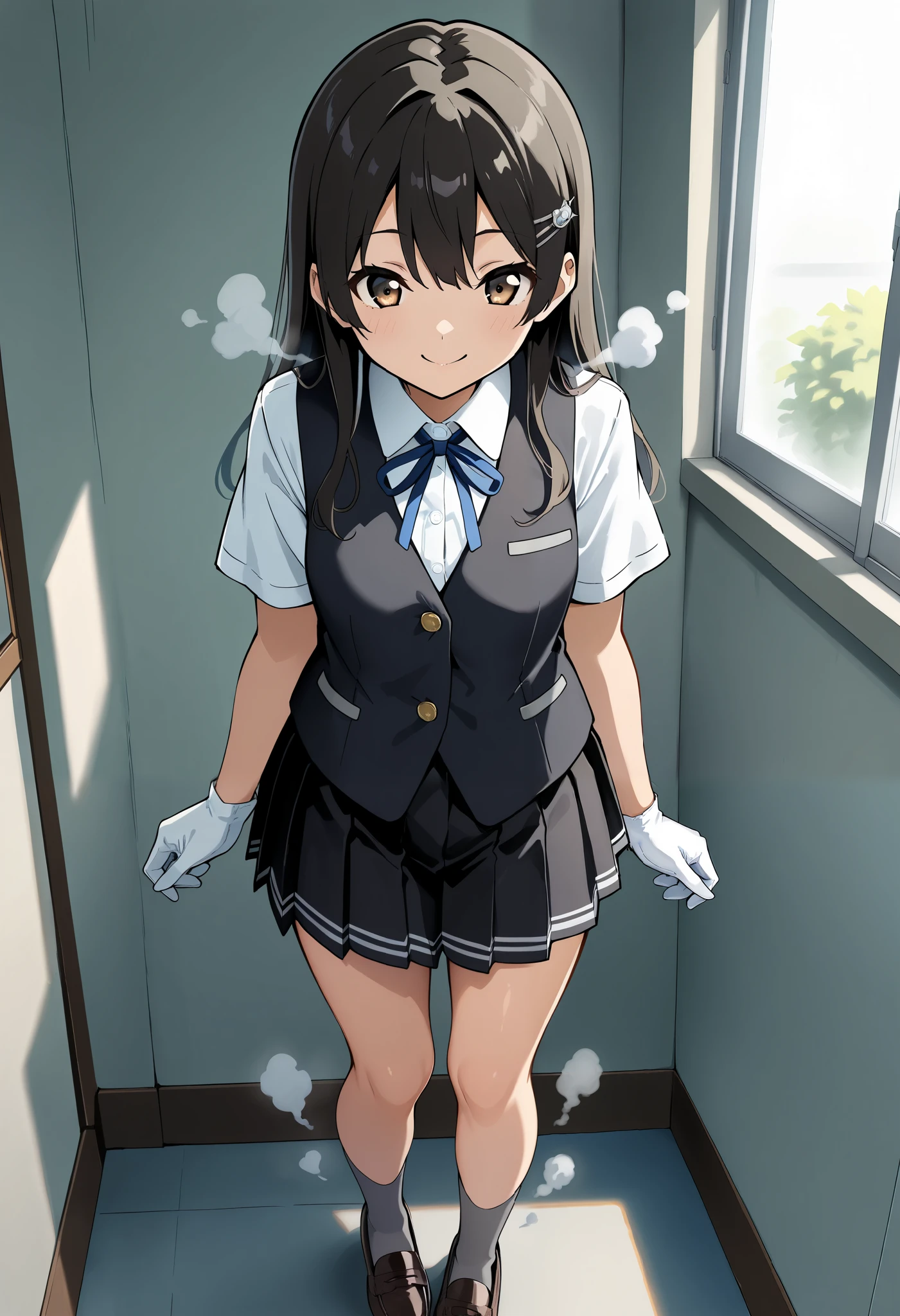 best quality , Masterpiece, high resolution, Alone, 1 girl,{Oyashio_kantaicollection:1.15}, OyashioKC, black hair, long hair, school uniform, white shirt, Short sleeve, pleated skirt, hair clips, colored shirt , white gloves, Black Skirt, neck ribbon, Blue Ribbon, black vest, Grey socks, loafers ,,,,(smile),(),( steam),(),(),(),