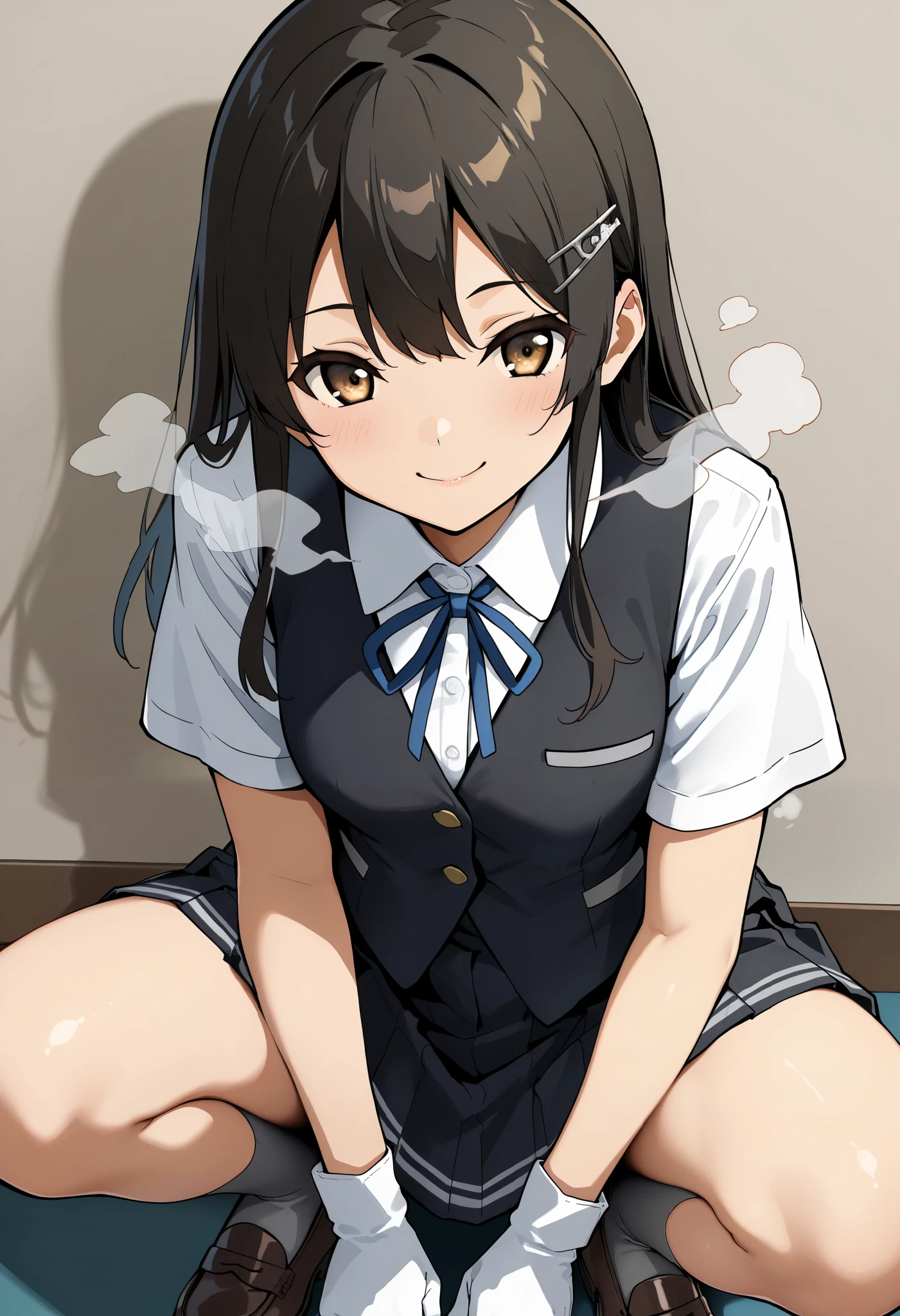 best quality , Masterpiece, high resolution, Alone, 1 girl,{Oyashio_kantaicollection:1.15}, OyashioKC, black hair, long hair, school uniform, white shirt, Short sleeve, pleated skirt, hair clips, colored shirt , white gloves, Black Skirt, neck ribbon, Blue Ribbon, black vest, Grey socks, loafers ,,,,(smile),(),( steam),(),(),(),