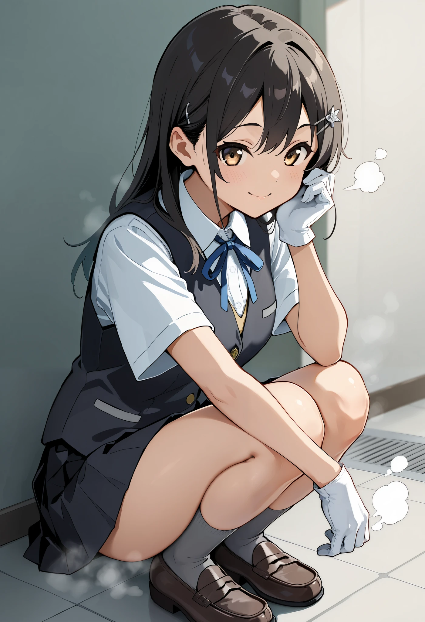 best quality , Masterpiece, high resolution, Alone, 1 girl,{Oyashio_kantaicollection:1.15}, OyashioKC, black hair, long hair, school uniform, white shirt, Short sleeve, pleated skirt, hair clips, colored shirt , white gloves, Black Skirt, neck ribbon, Blue Ribbon, black vest, Grey socks, loafers ,,,,(smile),(),( steam),(),(),(),
