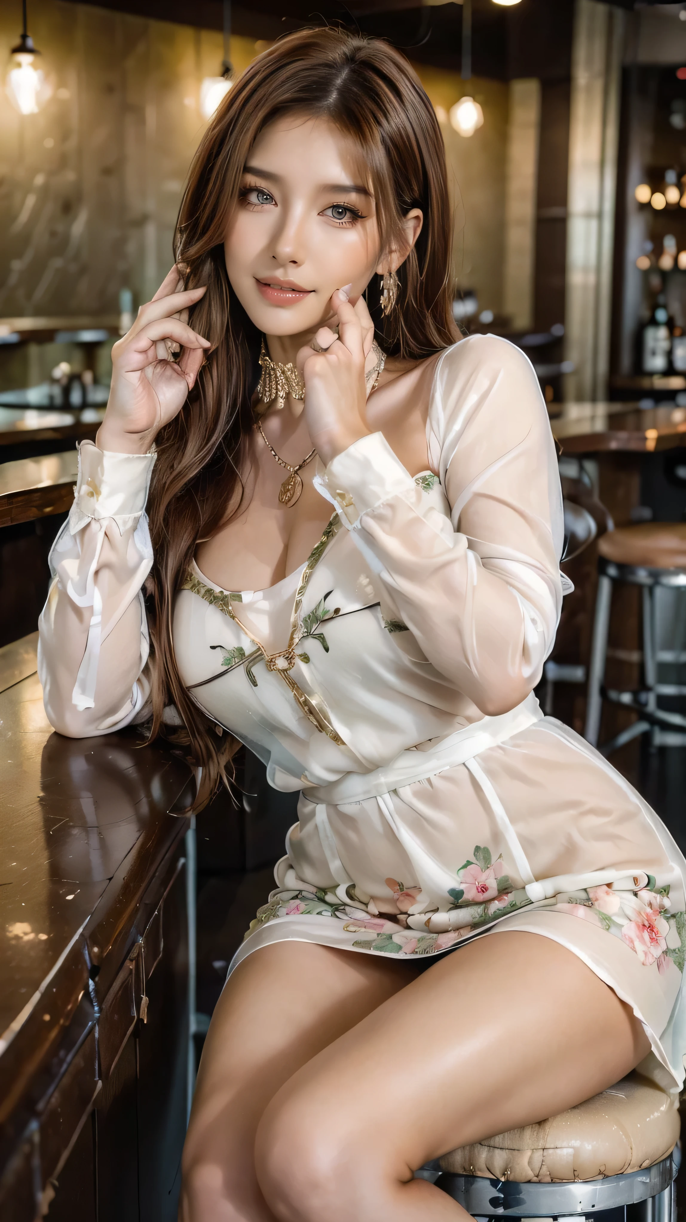 (One Gal:1.8), (((A Shining Place))),  (  looks like a grasshopper ,    standing,    Sexy Poses   , Open your legs naturally ,  sandy beach), (  is tall,    Thin Thighs ,   long legs  ,    constrained  ,  beautiful waist ), (((    woman with curves   ,  Beautiful realistic face ,    white skin,    brown eyes , Natural Eyes,    gaze focus , Accurate limbs))), (   Surrealism  ,     ultra-realistic    , 8K quality,      Attention to Details   ,     Ultra Fine ,    best quality  , Masterpiece), ((light,tyndall effect,Outdoors,cloud:1.4)),((wearing Big floral mini dress_with see through long sleeves_collared shirt:1.3))、 has a smiling face、((run her fingers through her hair:1.5))))((Super long brown hair reaching to her waist:1.4)),((gold necklace_Large earrings:1.2)),((Sits on a bar chair by the counter in a stylish bar:1.5))