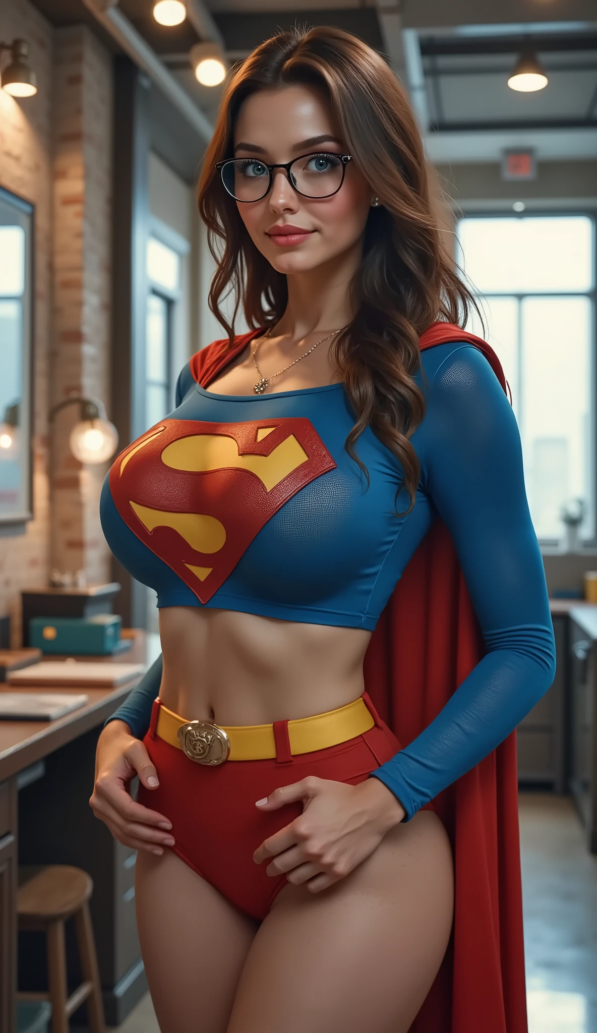 SEXY YOUNG GIRL AS SUPERMAN. SO HOT SO SEXY SO YOUNG. WEARING GLASSES. 8K PROFESSIONAL PHOTOGRAPHY, ULTRA HIGH RESOLUTION.. BLUE EYES GLEEMING. FULL VIEW OF HER ENTIRE SUPERMAN SUT AND CAPE. BIG SEXY BREASTS AND WEARING GLASSES.
