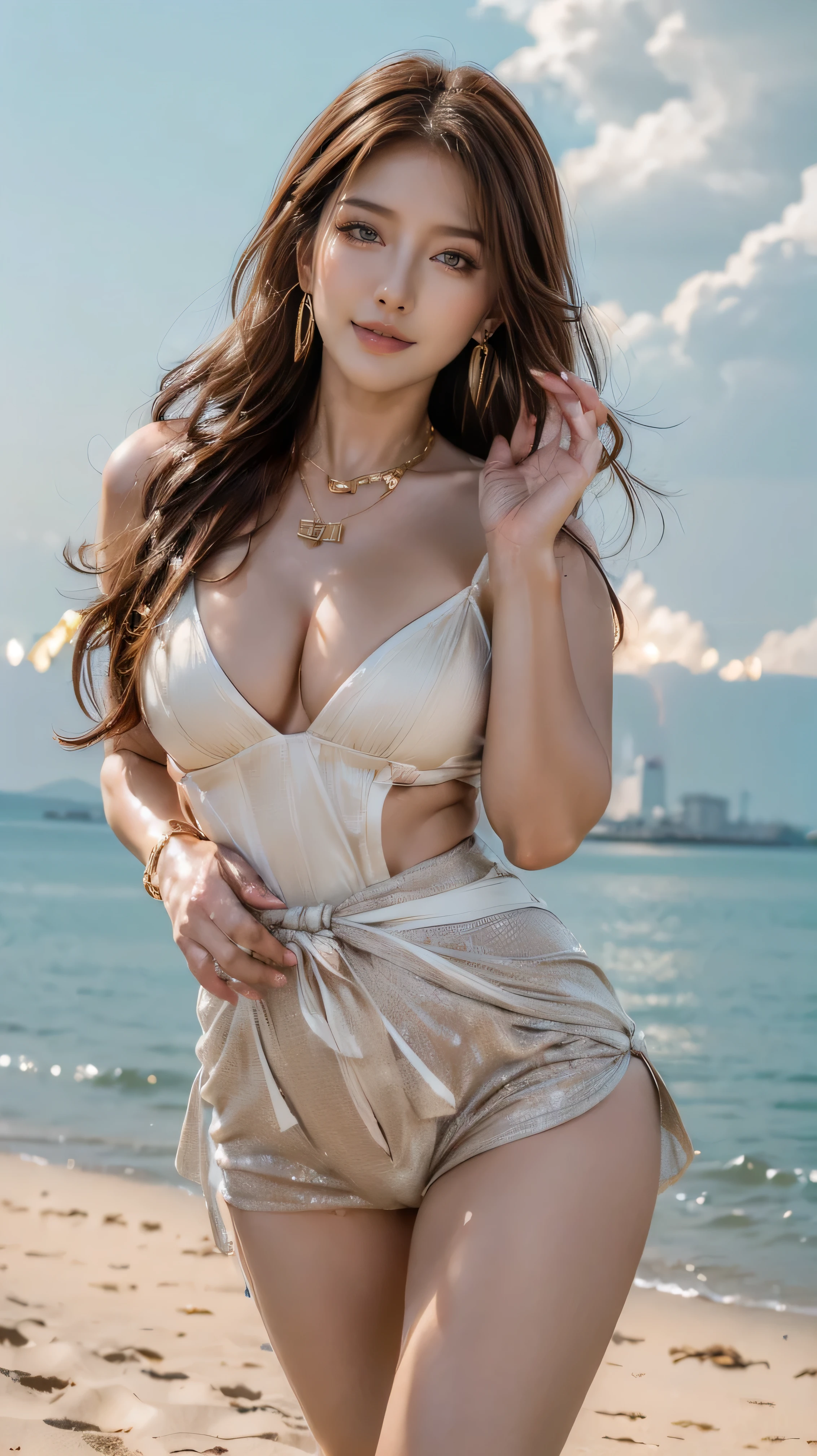 (One Gal:1.8), (((A Shining Place))), ( looks like a grasshopper , standing, Sexy Poses , Open your legs naturally , sandy beach), ( is tall, Thin Thighs , long legs , constrained , beautiful waist ), ((( woman with curves , Beautiful realistic face , white skin, brown eyes , Natural Eyes, gaze focus , Accurate limbs))), ( Surrealism , ultra-realistic , 8K quality, Attention to Details , Ultra Fine , best quality , Masterpiece), ((light,tyndall effect,Outdoors,cloud:1.4))、 has a smiling face、((run her fingers through her hair:1.5))))((Super long brown hair reaching to her waist:1.4)),((gold necklace_Large earrings:1.2))