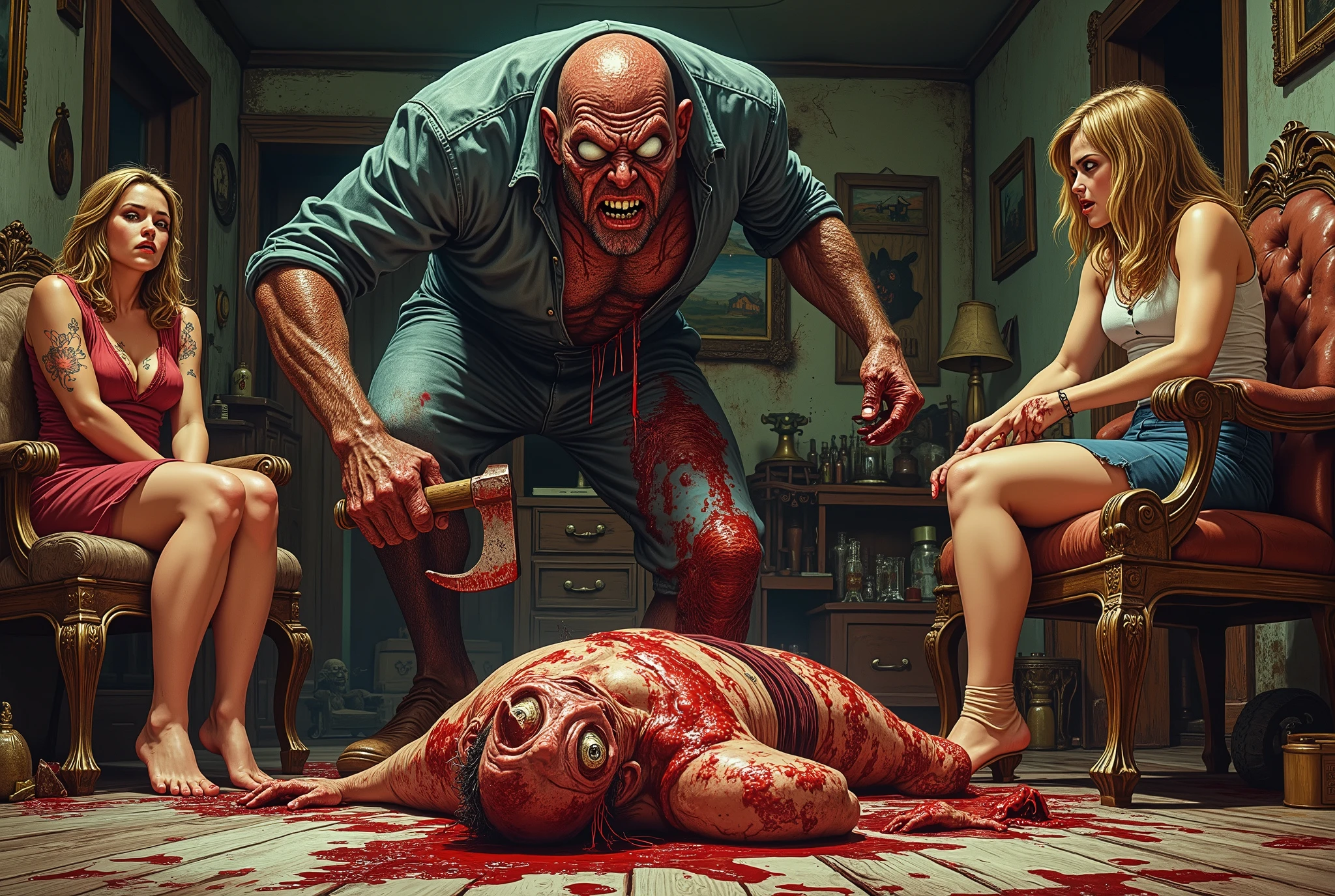 60s & 70's exploitation horror film style, crazy redneck hillbilly killer with ugly scary face, holding an ax, chopping up a man who is laying the floor, a terrified woman watches, screaming into the back of her hand, another woman is tied to a chair watching in fear, the violence occurs in the living home of an old house in the rural countryside of est texas , lurid vivid colors, retro 60s sci-fi horror movie aesthetic, bloody, gory, scary, movie poster vibe, bold colors, detailed, erotic, NSFW, lurid and vivid colors, detailed, intricate, gouache paints, European fumetto style, Frazetta, Mort Künstler, Basil Gogos, Graham "Ghastly" Ingels, volumetric lighting, classic horror comic aesthetic