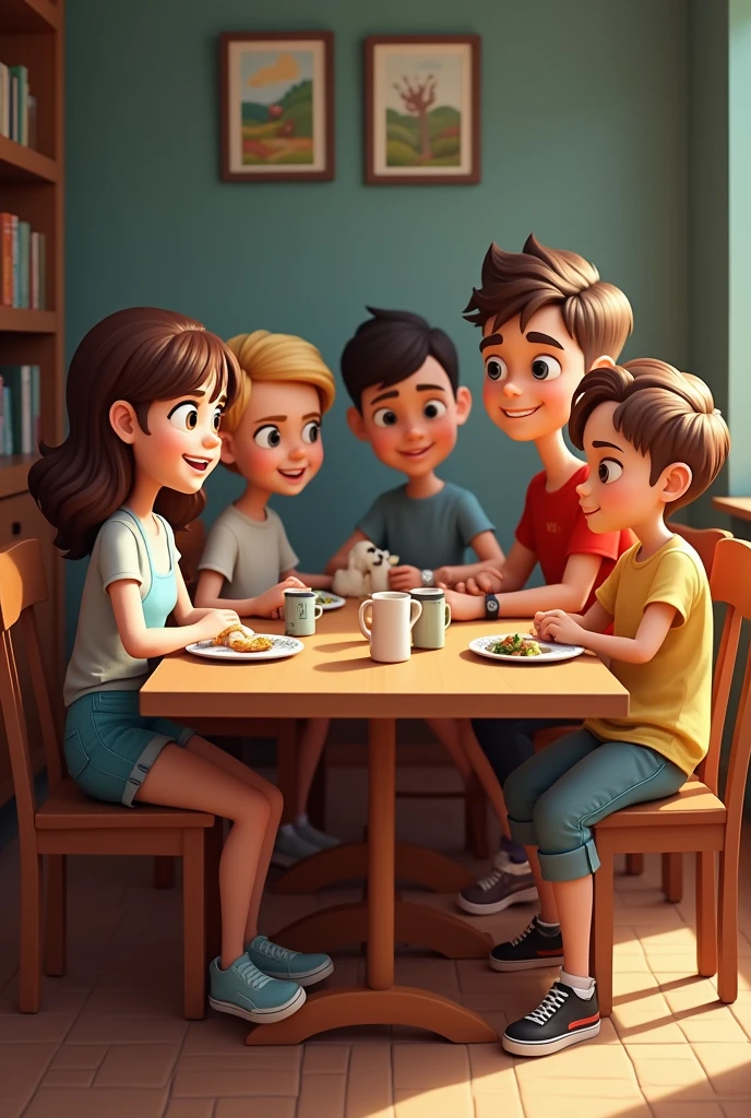 I want a picture of a boy in his youth with dark brown hair, short man wearing a t-shirt and jeans. He is chatting with other young boys and girls around him in a restaurant..