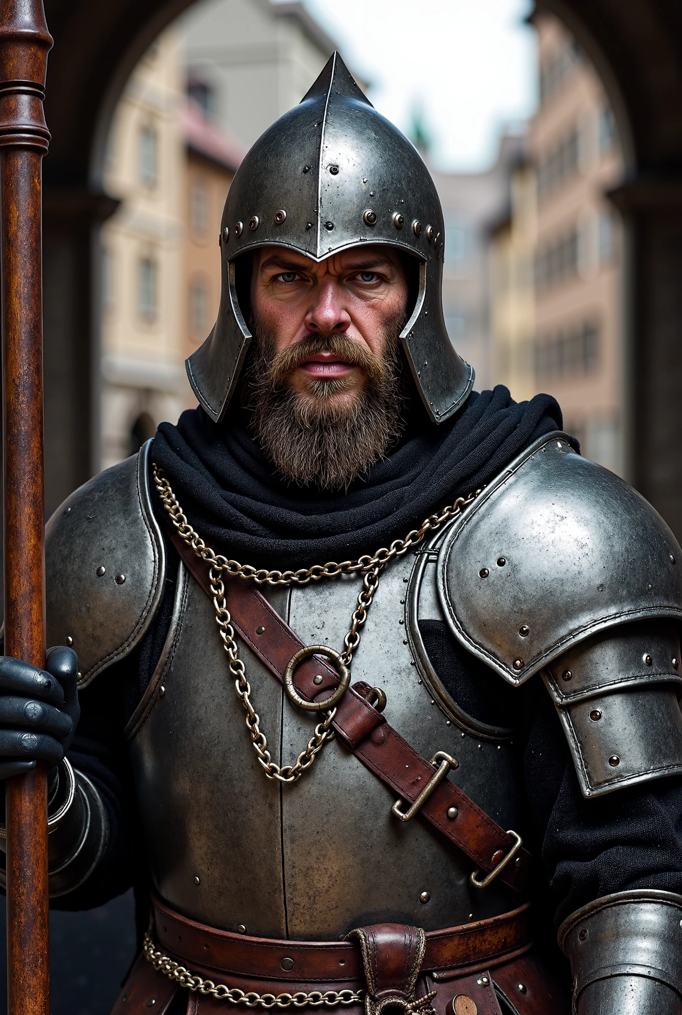 A poster depicting a tired man brandishing a glass of whisky, and carrying a blue and red shield with thin vertical yellow sword painted upwards coat of arms, damaged by fighting. (medieval battered chain mail, helmet, very battle-damaged). He's on a tavern with (the words "Conan" written in large golden letters in the foreground). He has white skin, half-closed eyes.