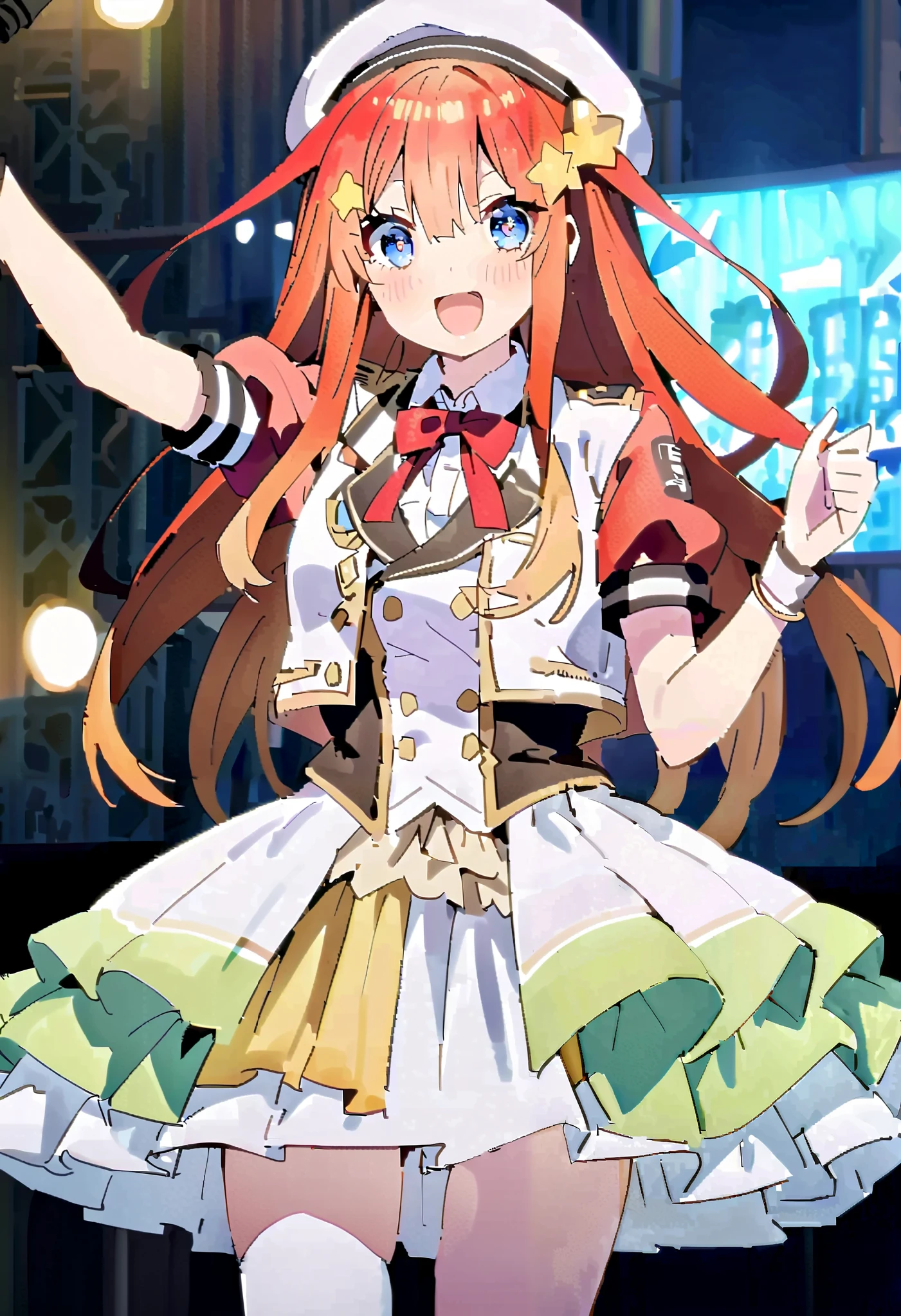   score_9,   score_8_  up,   score_7_  up,   source_Anime, itsukinakano, Nakano Mizuki   , bangs, blue eyes,   hair between eyes  , st upid hair, Red Hair,  long hair,Yellow stars   \( symbol \),   hair ornament ,Yellow stars     hair ornament ,glass,smile,,  open mouth , big breasted ,   Idol Costume ,  dress,collared   dress,  jacket  ,cropped   jacket  ,Short sleeve,bowtie,bow,button,  has  ,beret,(  White Knee High :1.2),shoes,  interior  ,アイドル歌手がライブ  stageで熱狂的に歌うシーンのイラスト. アイドル歌手が  stage中央に立っている.   boots worn by idol singers   .    idol singers sing with microphones   .    idol singers are serious and impressive  . 歌手の声は力強くて beautiful ,  stageの周りにはファンが集まる,   fans sing and dance with idol singers Idol singers who do things  ,whole bodyがイラストに入るように,
break looking at viewer,whole body,(  cowboy shooting :1. 5),
break indoors,  stage, concert,   stage lights,   stage, crowd,
break (Masterpiece:1.2),   best quality ,   high resolution, unity 8k wallpaper, (shape:0.8), (  beautiful,  detailed eyes :1.6),    very elaborate face ,   PERFECT LIGHTING  ,   High-definition CG, (perfect hand,   perfect anatomy),