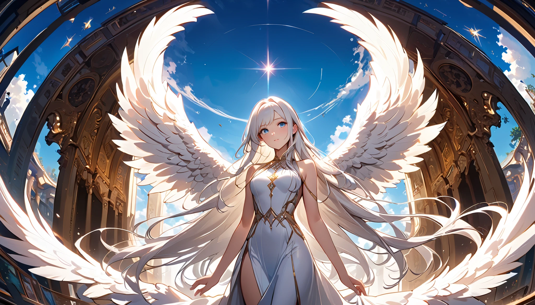 ((( dynamic pose:1.5))),( Composition with characters standing in the center of the screen :1.2)、(((very wide view:1.5))),((( hyperdetail :1.5))), (((masterpiece, 最 High Quality , The Greatest Masterpiece、 more details, Best Shadow:1.5))), ( extremely detailed and fantastic background ), (Extremely beautiful and detailed eyes ), (Best lighting, Extremely Delicate and Beautiful Face ), ((( 1 woman, Alone,White hair color、 straight long hair , Kind Face, light blue sparkling eyes , How to do it,Shot from a dynamic angle :1.5))),( A Young and Very Beautiful Angel )、((( A very glittering and vivid blue sky spreads out:1.5))), (((16K resolution:1.5)))、(Extremely beautiful and detailed face )、 scene like the last scene in a movie , white angel dress 、Very kind smile 、 High Quality , high resolution, 16k, detailed background , Shiny, Clear, White, Long Hair 、 long eyelashes , clean skin, Beautiful Legs, ((( with angel wings on their backs :1.5)))、profile
