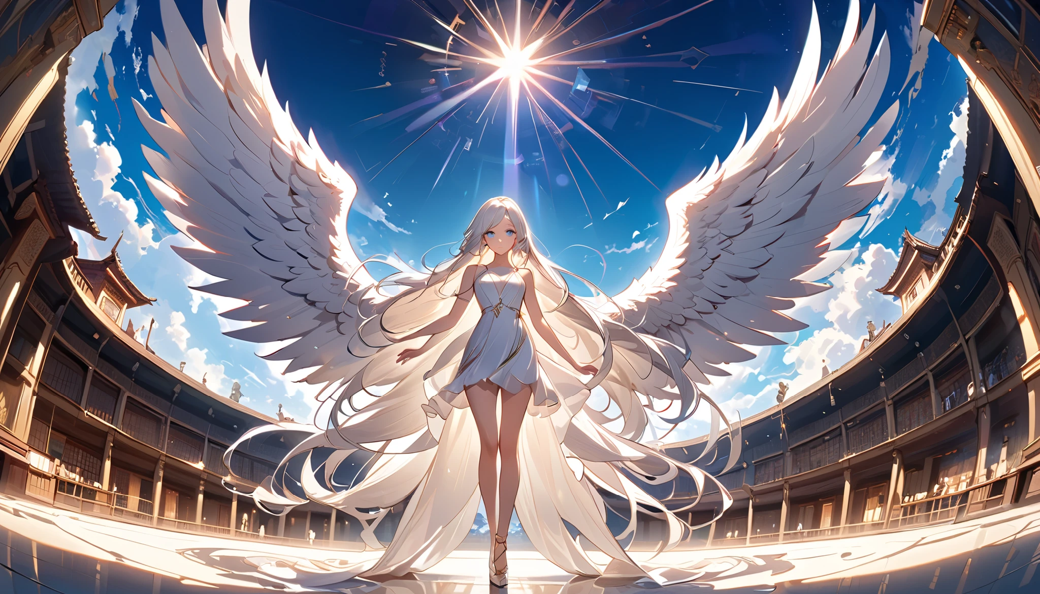((( dynamic pose:1.5))),( Composition with characters standing in the center of the screen :1.2)、(((very wide view:1.5))),((( hyperdetail :1.5))), (((masterpiece, 最 High Quality ,  The Greatest Masterpiece、 more details,  Best Shadow:1.5))), ( extremely detailed and fantastic background ), (Extremely beautiful and detailed eyes ), (Best lighting,  Extremely Delicate and Beautiful Face ),  ((( 1 woman, Alone,White hair color、 straight long hair , Kind Face, light blue sparkling eyes ,  How to do it,Shot from a dynamic angle :1.5))),( A Young and Very Beautiful Angel )、((( A very glittering and vivid blue sky spreads out:1.5))), (((16K resolution:1.5)))、(Extremely beautiful and detailed face )、 scene like the last scene in a movie ,   white angel dress 、Very kind smile 、 High Quality  ,  high resolution, 16k,  detailed background ,  Shiny, Clear, White, Long Hair 、  long eyelashes ,  clean skin,  Beautiful Legs, ((( with angel wings on their backs :1.5)))、profile