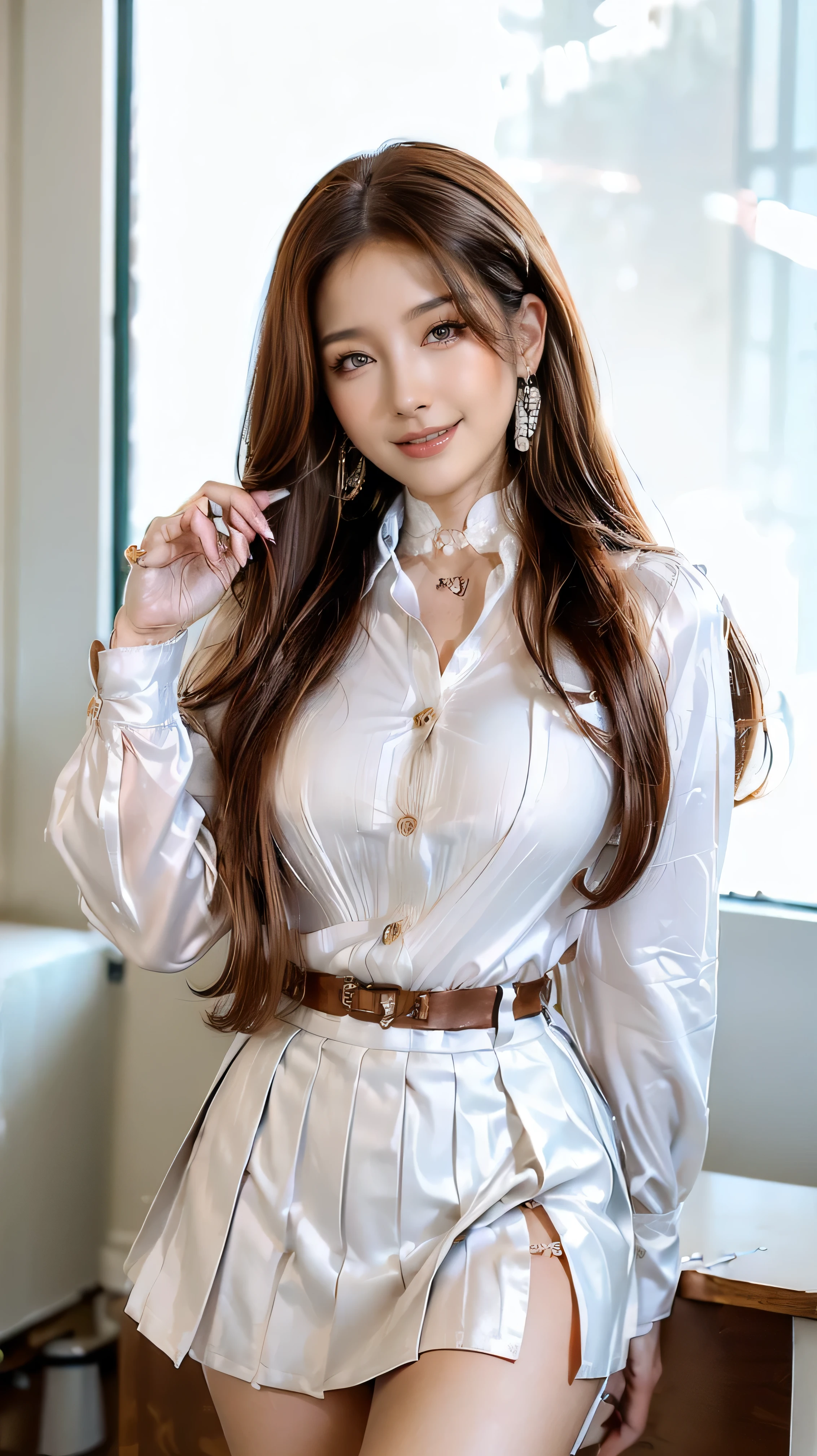 (One Gal:1.8), (((A Shining Place))), ( is tall, Thin Thighs , long legs , constrained , beautiful waist ), ((( woman with curves , Beautiful realistic face , white skin, brown eyes , Natural Eyes, gaze focus , Accurate limbs))), ( Surrealism , ultra-realistic , 8K quality, Attention to Details , Ultra Fine , best quality , Masterpiece), ((light,tyndall effect,Outdoors,cloud:1.4))、 has a smiling face、((run her fingers through her hair:1.5))))((Super long brown hair reaching to her waist:1.4)),((red necklace_Large earrings:1.2))((white long sleeve button up blouse_brown pleated mini skirt:1.5))、((in the office and working at the desk:1.4))((shy smile:1.5))((standing gracefully:1.6)),((wearing white high heels:1.5))