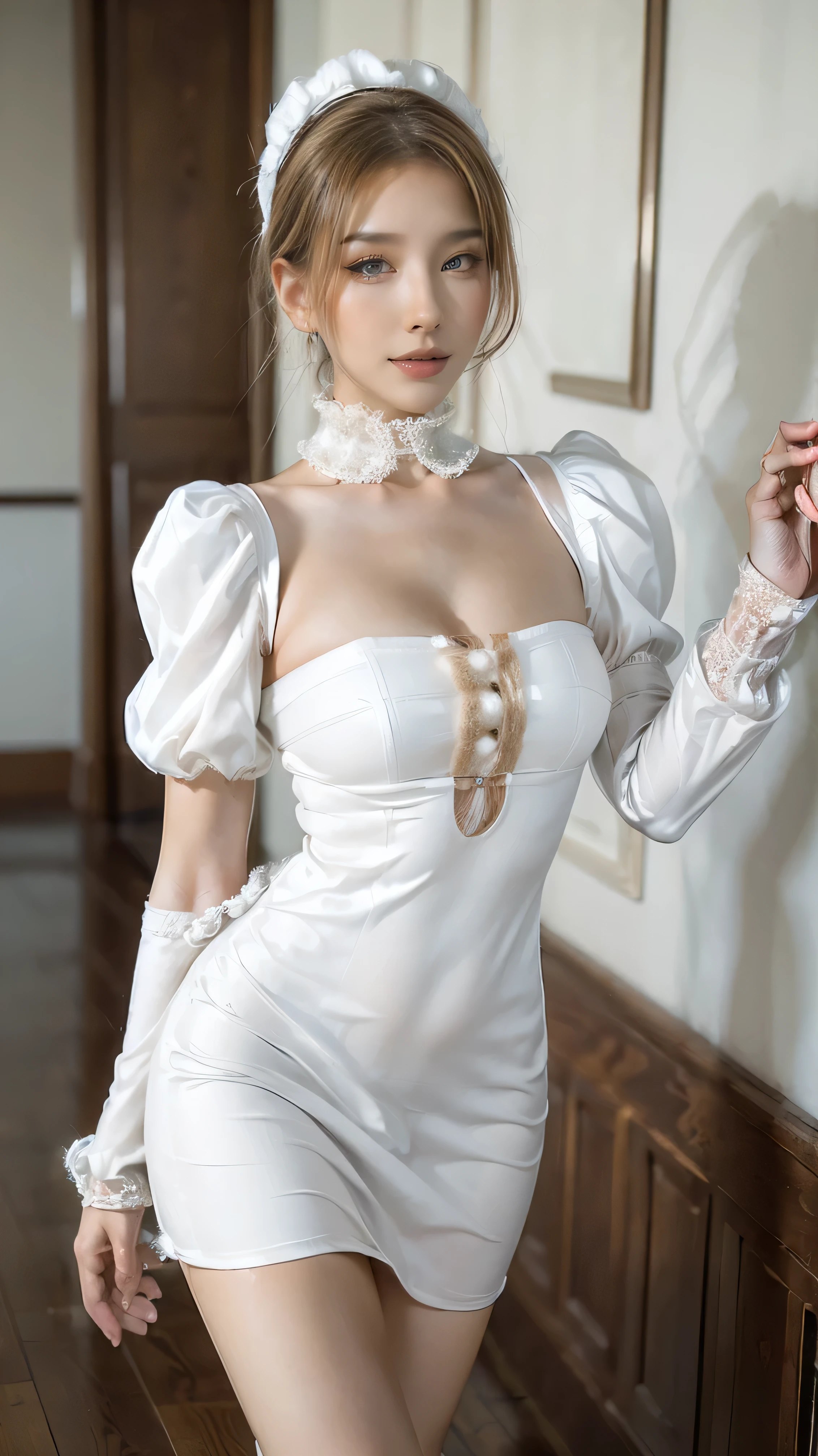 A lady with extraordinary temperament, she stands in a modern indoor space, as if she is a model from a fashion magazine. She is wearing a (pure white long fur cape), the softness and luster of which makes her look more noble under the light, and complements her (beige dress) underneath, showing her gentle temperament while maintaining a sense of fashion. The style of the dress is simple and generous, a perfect match, and it lengthens her figure, making her tall and charming. The lady's makeup is delicate and elegant, which just highlights her facial features and makes people unforgettable at first sight. Although the earrings and necklace she wears are not ostentatious, they add a bit of sophistication and nobility to her overall look. Her hair is casually draped over her shoulders, and every strand of hair exudes a natural luster,, (best quality,8k,highres,masterpiece:1.2),ultra-detailed,(realistic,photorealistic,photo-realistic:1.37),studio lighting,ultra-fine painting,sharp focus,physically-based rendering,extreme detail description,professional,vivid colors