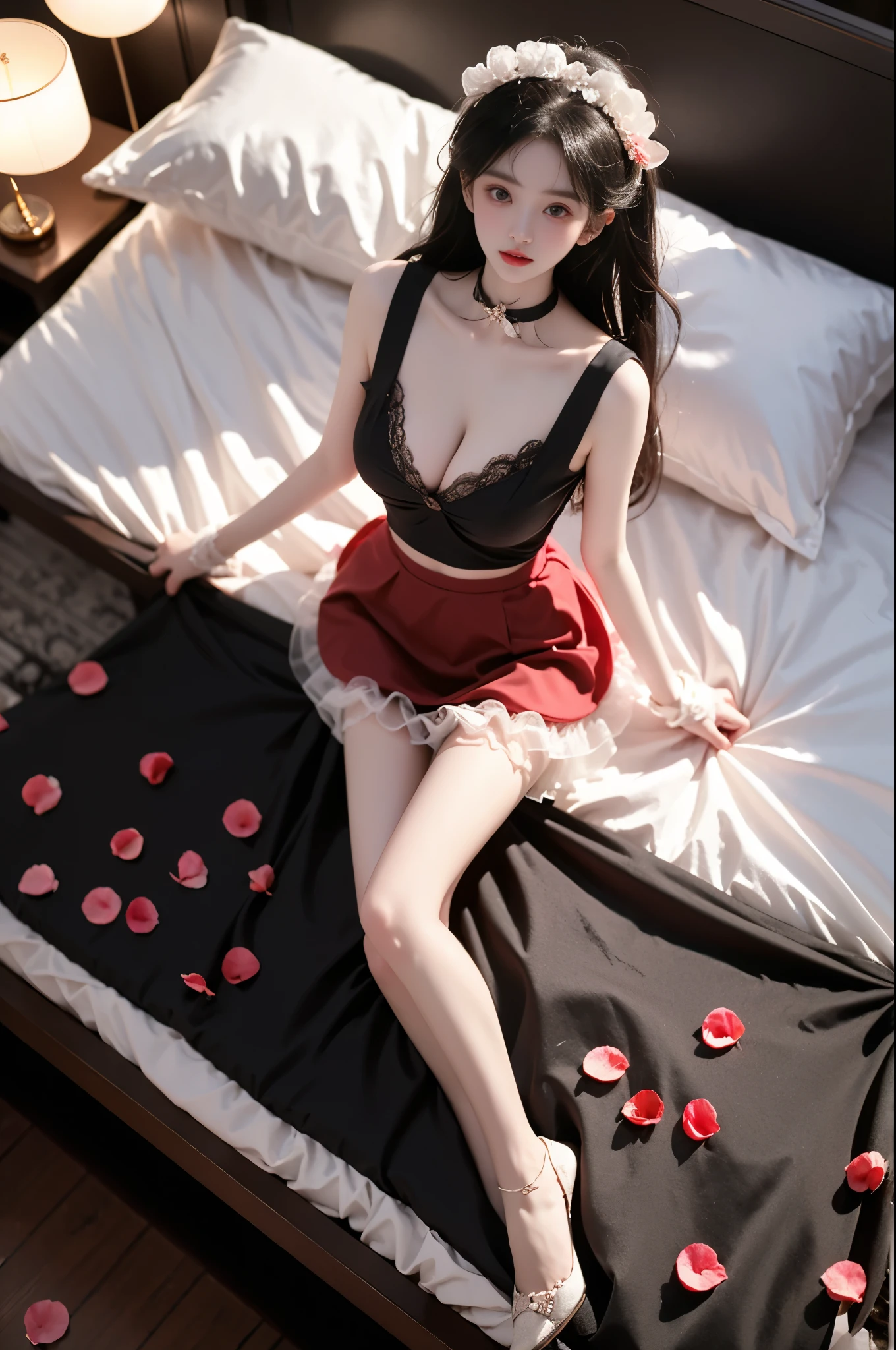 Special clothes39,maid ,,(photorealistic:1.2), (from above:1.3), beautiful woman, (Full bust, visible cleavage, very short hemline), (A lot of scattered rose petals, flying petals), fashion model, long legs, laying on luxury bed in classical romantic bedroom, knee bent upward, delicate fingers lifting skirt hem to thigh, (perfect body proportions:1.3), anatomically correct legs, elegant pose, soft ambient lighting, shallow depth of field, 85mm lens, high-end fashion photography, detailed skin texture, fine fabric details, (high quality:1.4), masterpiece, 8k uhd