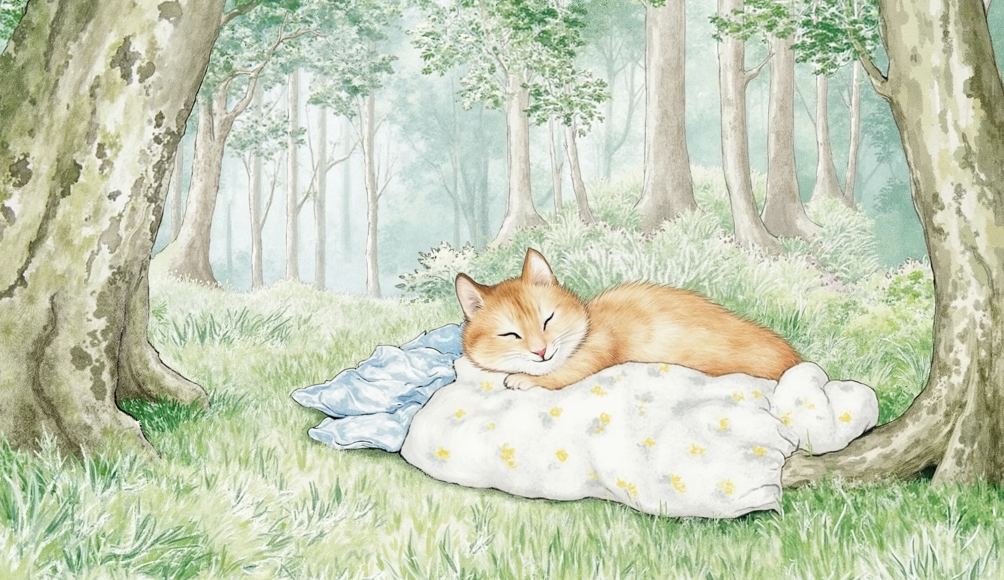 mascot character:2.0),( beautiful background:2.0),( minimalist:2.0),(Artistic Rendering),( Simple Design:2.0),(Japan),Cozy A Cat Sanctuary Description: Picture a serene indoor setting where a fluffy cat lounges in grass sleeping in the forest.