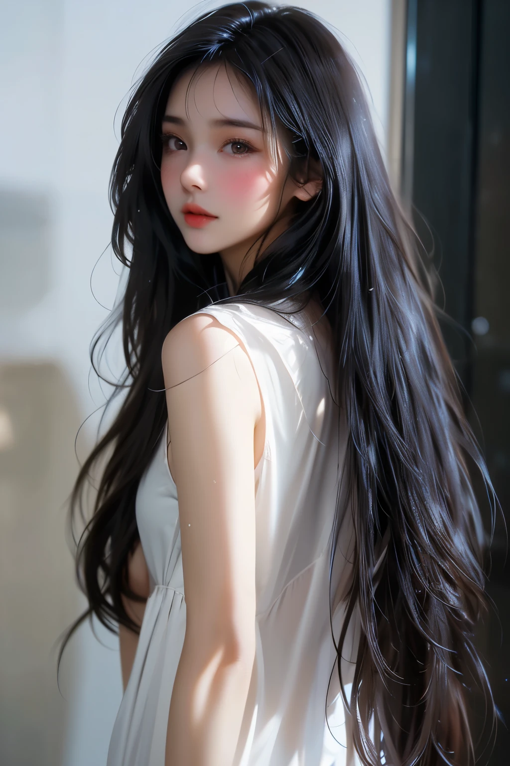 sexy girl in bathroom，Wet pubic hair，Charming eyes，Heartwarming action，from the rear，Turn your face away from the camera，stooped，Bend over，turn back，Look up at your head，transparent silk pajamas ，barechested，thick long hair，Highly detailed body，Highly detailed face，best qualtiy