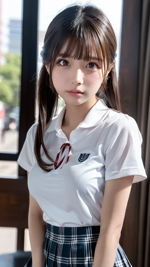 ((Browsing Caution))(masterpiece)(Highest quality)(Very detailed)1 female,17 years old,Japanese,155cm,high school student Black Hair,short hair,Short Ponytail,(school uniform,short sleeve shirt) (small breasts) black bra top short skirt school,classroom,window,sunlight,blue sky whole body 3d