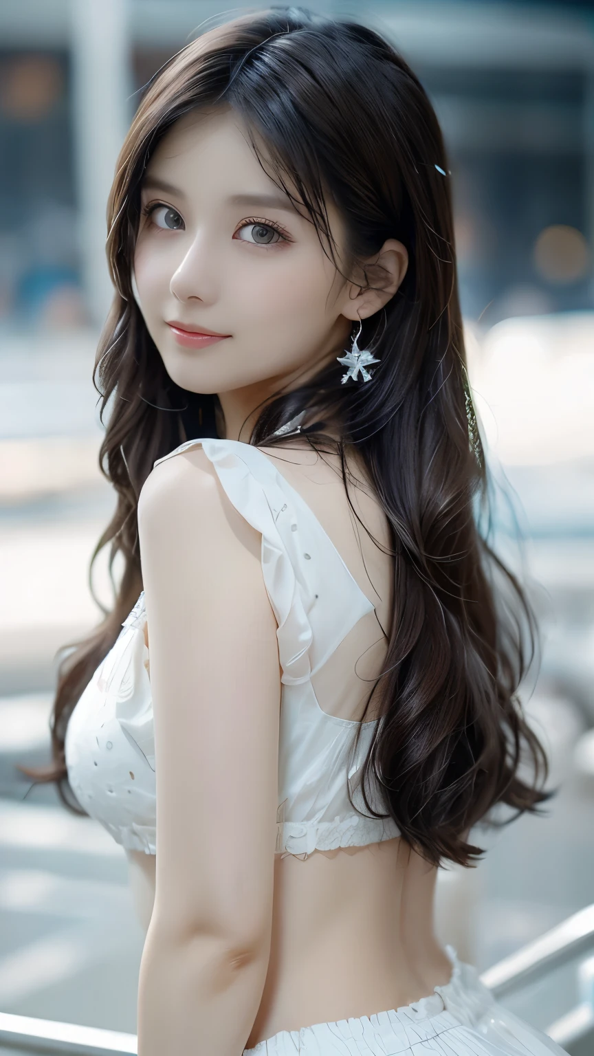 (masterpiece),((ultra-detailed)), (highly detailed CG illustration),(expressionless), (best quality:1.2),realistic8K UHD,High definition,(1girl:1.2),High quality texture,intricate details,detailed texture,finely detailed,high detail,extremely detailed cg,High quality shadow,a realistic representation of the face,Detailed beautiful delicate face,Detailed beautiful delicate eyes, black eye pupil, a face of perfect proportion,Depth of field,Cinematic Light,Lens Flare,Ray tracing,perspective,20s, Prominent Nose,slender face,tall girl, (big eyes:1.2),blush,glossy lips,perfect body,lean body,Particles of Light,(narrow waist:1.3),large breast, distinct_image, high_resolution, (lustrous skin), solo focus, , (finely detailed beautiful eyes and detailed face),(detailed face), (hair streaked hair), light source contrast, brown hair, medium hair, ((smile)), (pureerosface_v1:0.5) , (ulzzang-6500-v1.1:0.5),  white skirt, high heel shoes