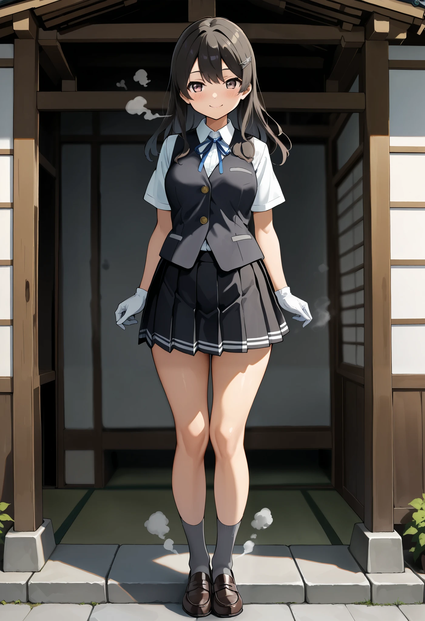best quality , Masterpiece, high resolution, Alone, 1 girl,{Oyashio_kantaicollection:1.15}, OyashioKC, black hair, long hair, school uniform, white shirt, Short sleeve, pleated skirt, hair clips, colored shirt , white gloves, Black Skirt, neck ribbon, Blue Ribbon, black vest, Grey socks, loafers , normal breasts, Thin Waist , perfect proportions with spikes, slender body, well-balanced body ,,,(smile),(blush),( steam),(),(),(),