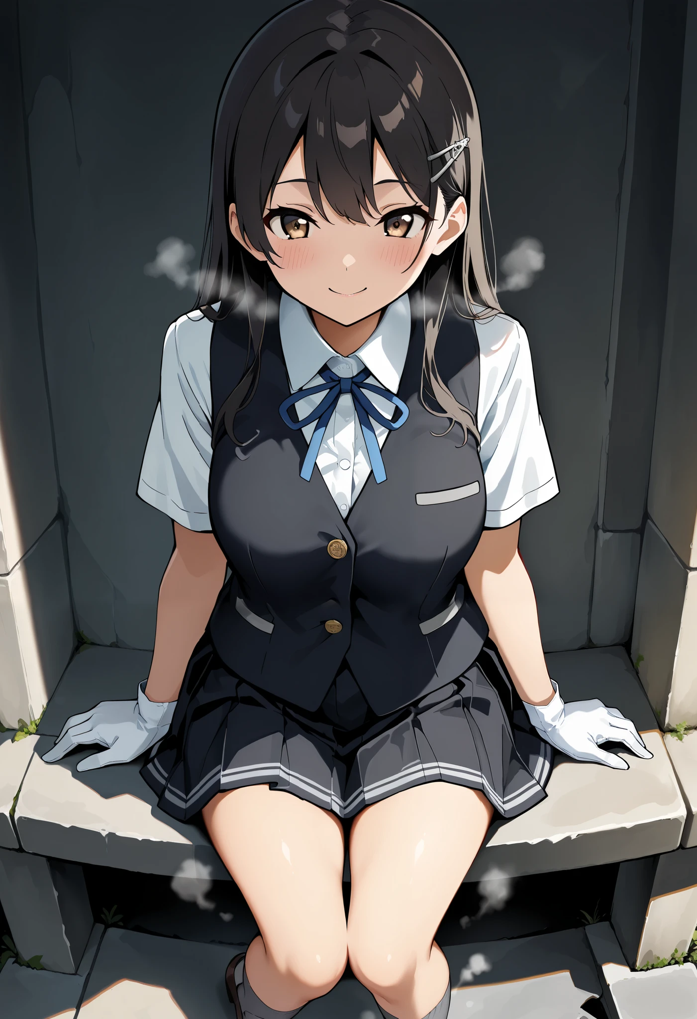best quality , Masterpiece, high resolution, Alone, 1 girl,{Oyashio_kantaicollection:1.15}, OyashioKC, black hair, long hair, school uniform, white shirt, Short sleeve, pleated skirt, hair clips, colored shirt , white gloves, Black Skirt, neck ribbon, Blue Ribbon, black vest, Grey socks, loafers , normal breasts, Thin Waist , perfect proportions with spikes, slender body, well-balanced body ,,,(smile),(blush),( steam),(),(),(),