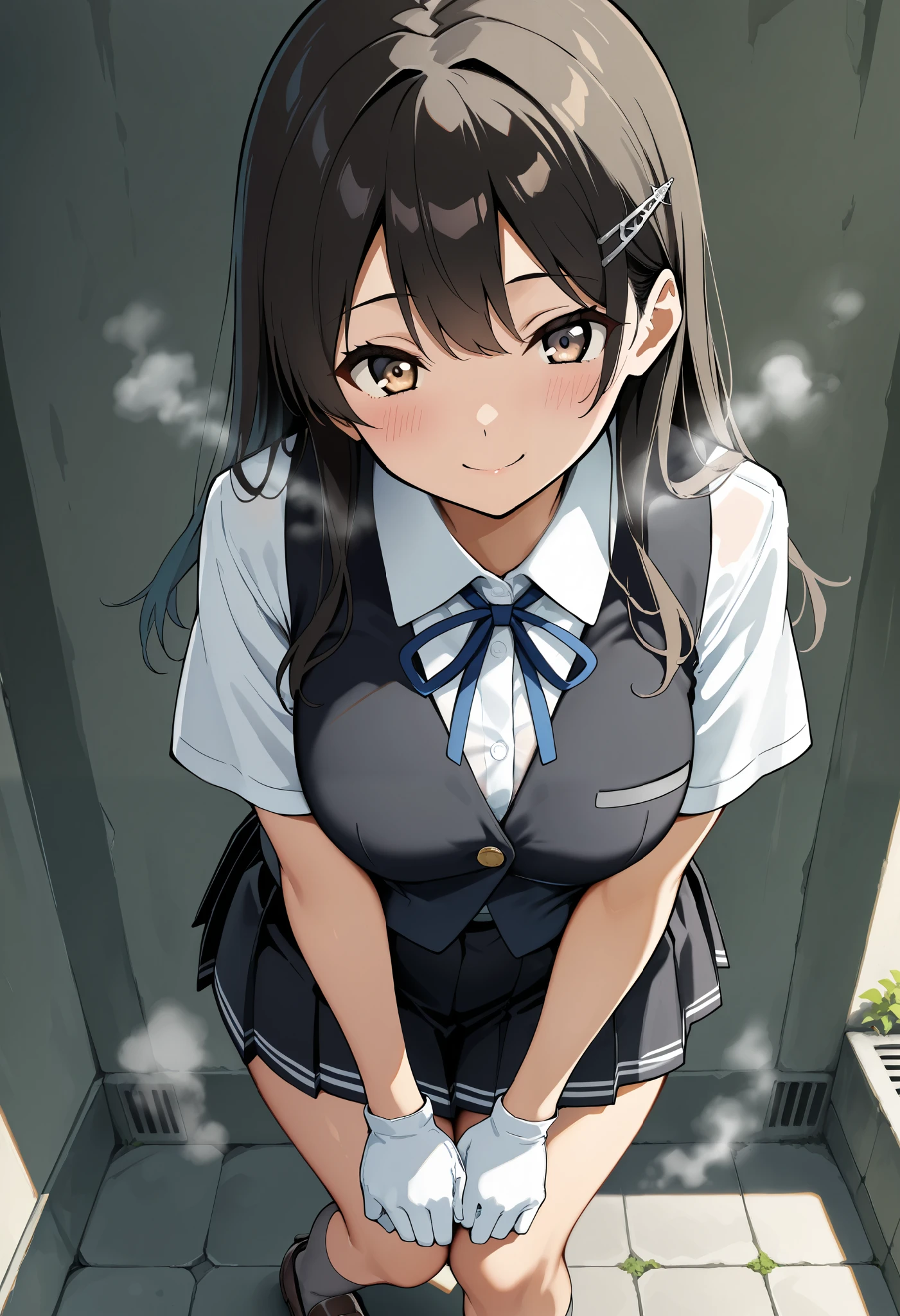 best quality , Masterpiece, high resolution, Alone, 1 girl,{Oyashio_kantaicollection:1.15}, OyashioKC, black hair, long hair, school uniform, white shirt, Short sleeve, pleated skirt, hair clips, colored shirt , white gloves, Black Skirt, neck ribbon, Blue Ribbon, black vest, Grey socks, loafers , normal breasts, Thin Waist , perfect proportions with spikes, slender body, well-balanced body ,,,(smile),(blush),( steam),(),(),(),