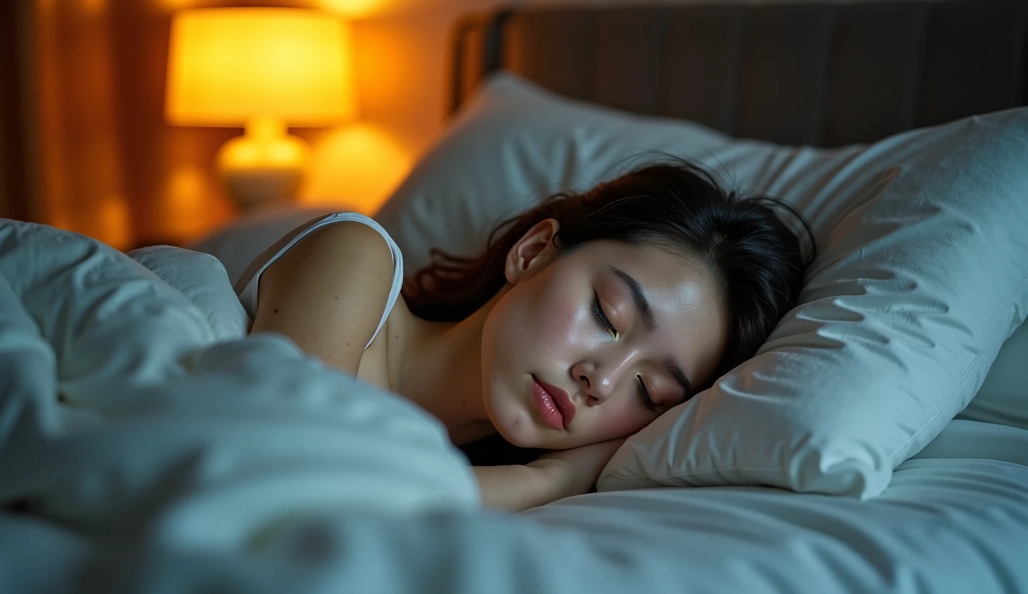 There is a woman sleeping in a bed with a white comforter - SeaArt AI