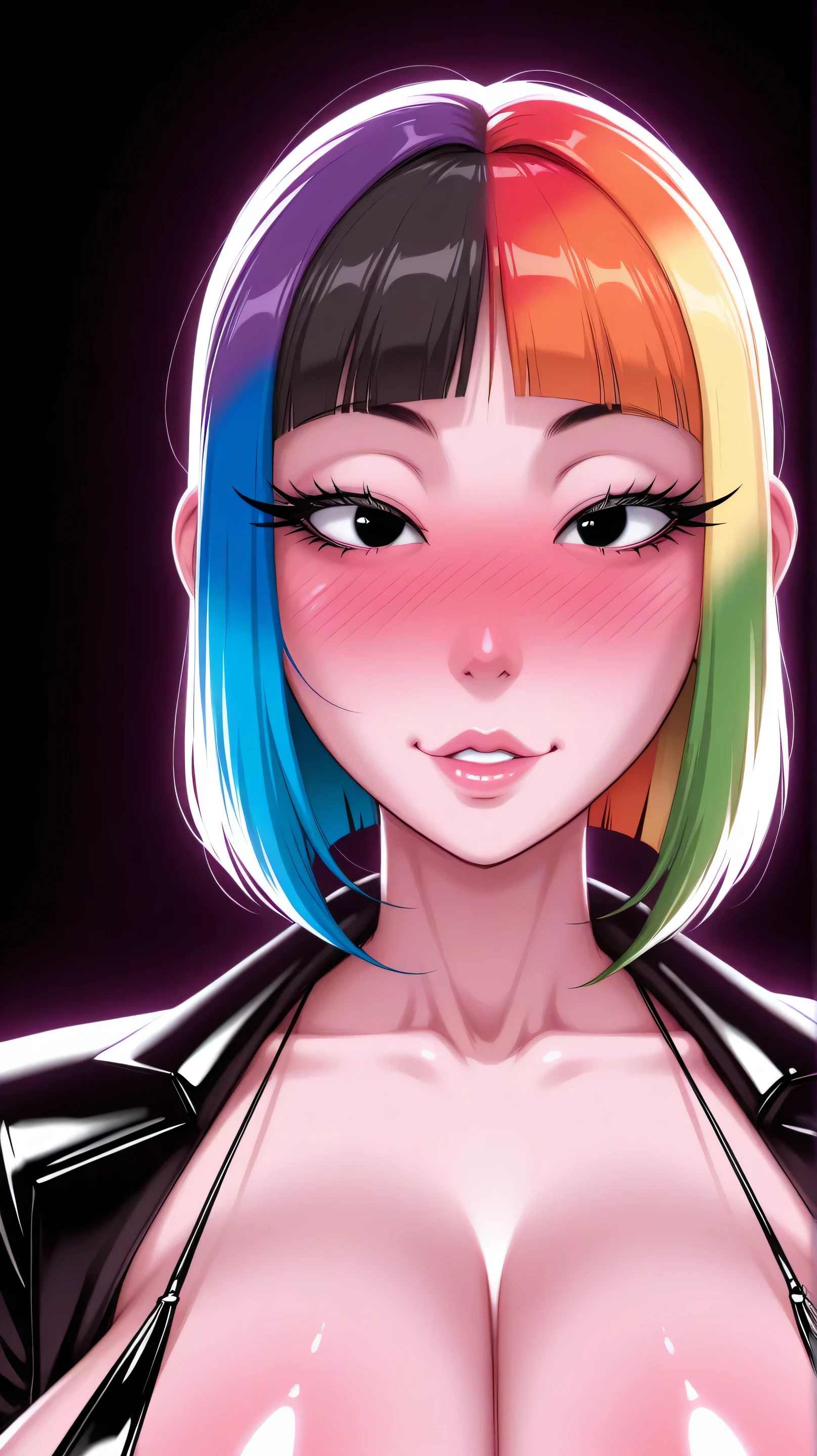 asian high school girl, plunging neckline, rainbow hair, bangs, with colorful eyes and huge eyelashes, Lewd, horny, huge breasts, edgy graphic design with a multi neon colored palette, (sexy pose), seducing viewer, big black eyes, ulzzang, portrait, (anime), manga, sexy, irridescent rainbow Latex, 8k,Highest quality,masterpiece, Sharp focus, solid black background, soft lighting, heavy blushing,