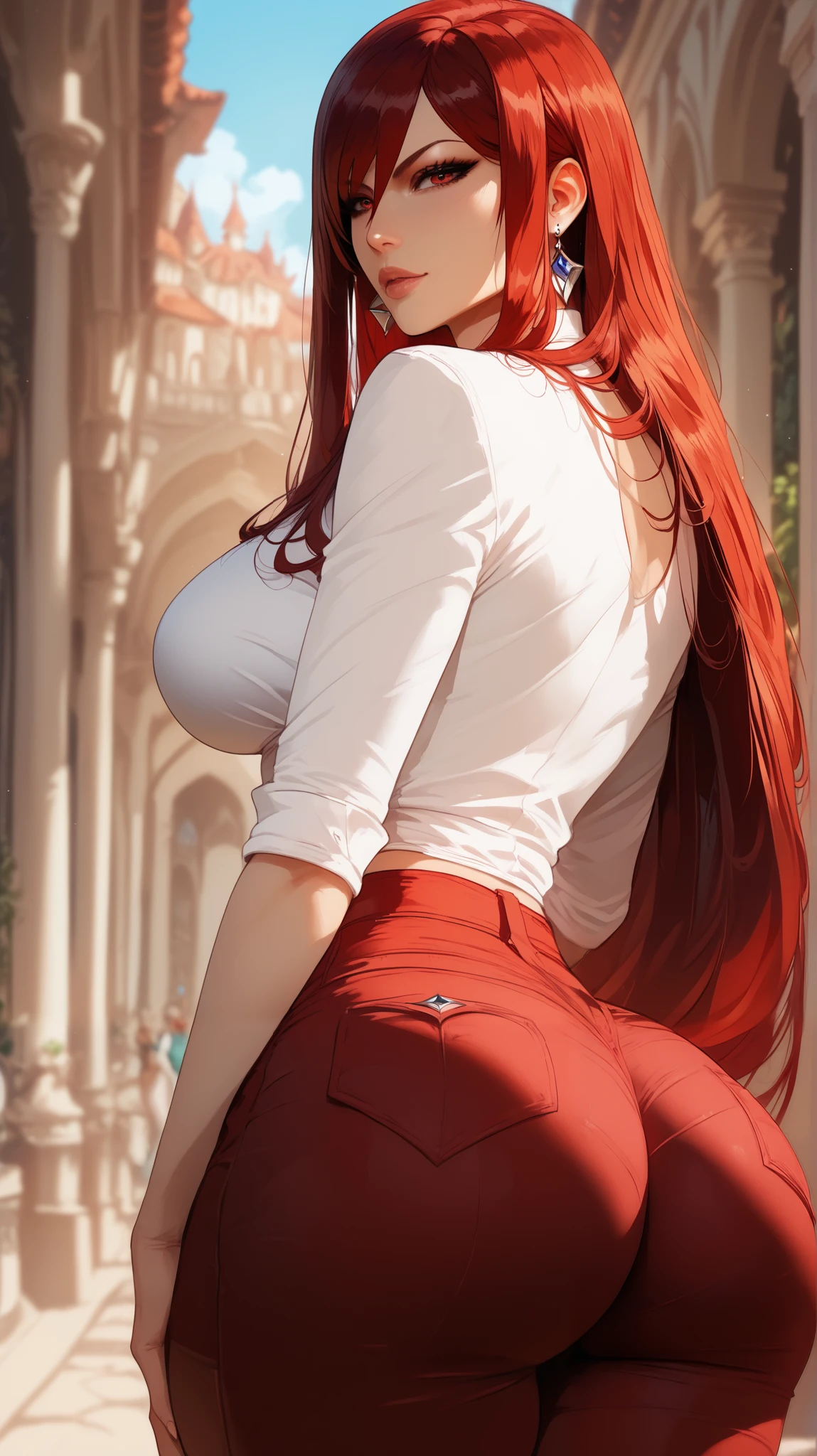 Erza Scarlet style ,  perfect eyes ,  perfectly sexy face, ultra detailed,  ultra perfect eyes ,  big beautiful woman ,  rear view , shorts, Long breasts,  eye color brown,  red hair,  long hair pants, Body,