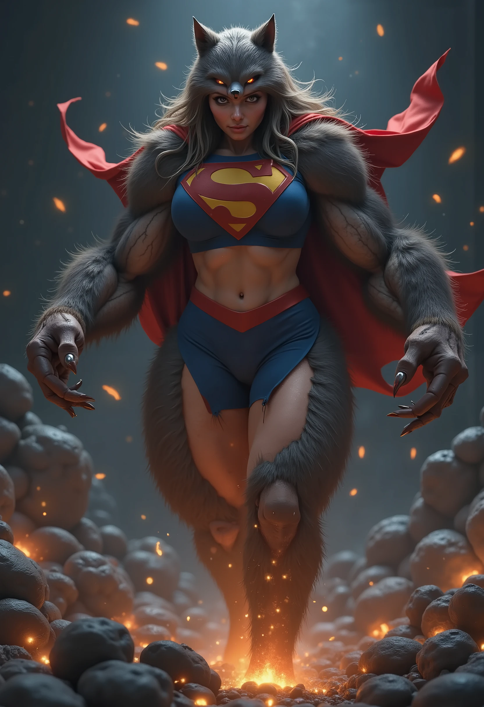 3D CARTOON STYLE. AS THE CURSE OF THE WERERWOLF TAKES EFFECT ON SUPERGIRL. HER BODY MORPHING, BONES SNAPPING AS HER FIGURE MUTATES. INCREDIBLY SEXY BRUNETTE GOTH SUPERGIRL CHARGES UP WITH INCREDIBLE POWER AS SUPERGIRL TRANSFORMS INTO A WEREWOLF. HER SKIN BECOMING FURRY, HER EYES TURN INTO WEREWOLF EYES AND TEETH BECOME WEREWOLF FANGS. STILL WEARING HER SUPERGIRL COSTUME AND CAPE.